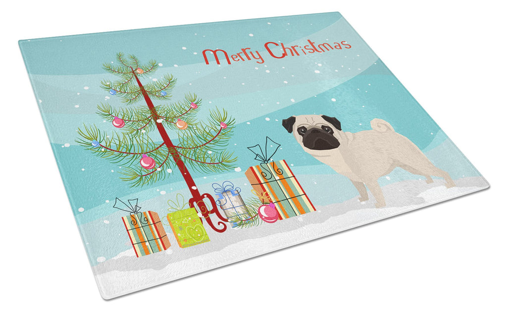 Pug Christmas Tree Cutting Board Tempered Glass Kitchen Cutting Surface, Heat Resistant Chopping, Non-Slip Feet, Food Prep & Serving