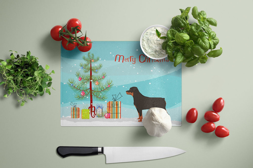 Rottweiler Christmas Tree Cutting Board Tempered Glass Kitchen Cutting Surface, Heat Resistant Chopping, Non-Slip Feet, Food Prep & Serving