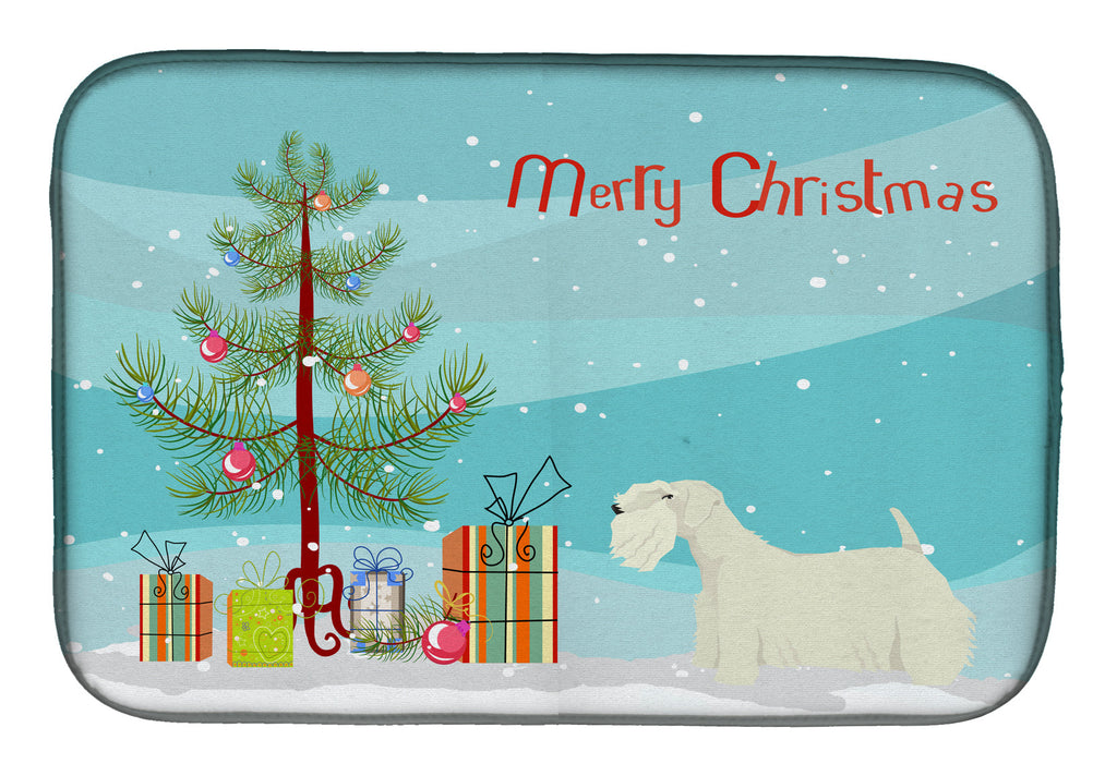 Sealyham Terrier Christmas Tree Dish Drying Mat Absorbent Dish Drying Mat Pad for Kitchen Counter Dish Drainer Mat for Countertop, 14 x 21", Multicolor