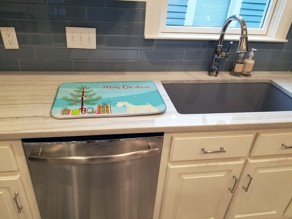 Sealyham Terrier Christmas Tree Dish Drying Mat Absorbent Dish Drying Mat Pad for Kitchen Counter Dish Drainer Mat for Countertop, 14 x 21", Multicolor