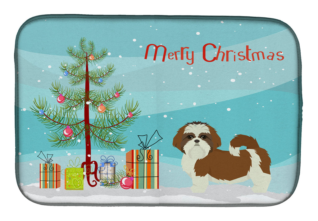 Shih Tzu Christmas Tree Dish Drying Mat Absorbent Dish Drying Mat Pad for Kitchen Counter Dish Drainer Mat for Countertop, 14 x 21", Multicolor