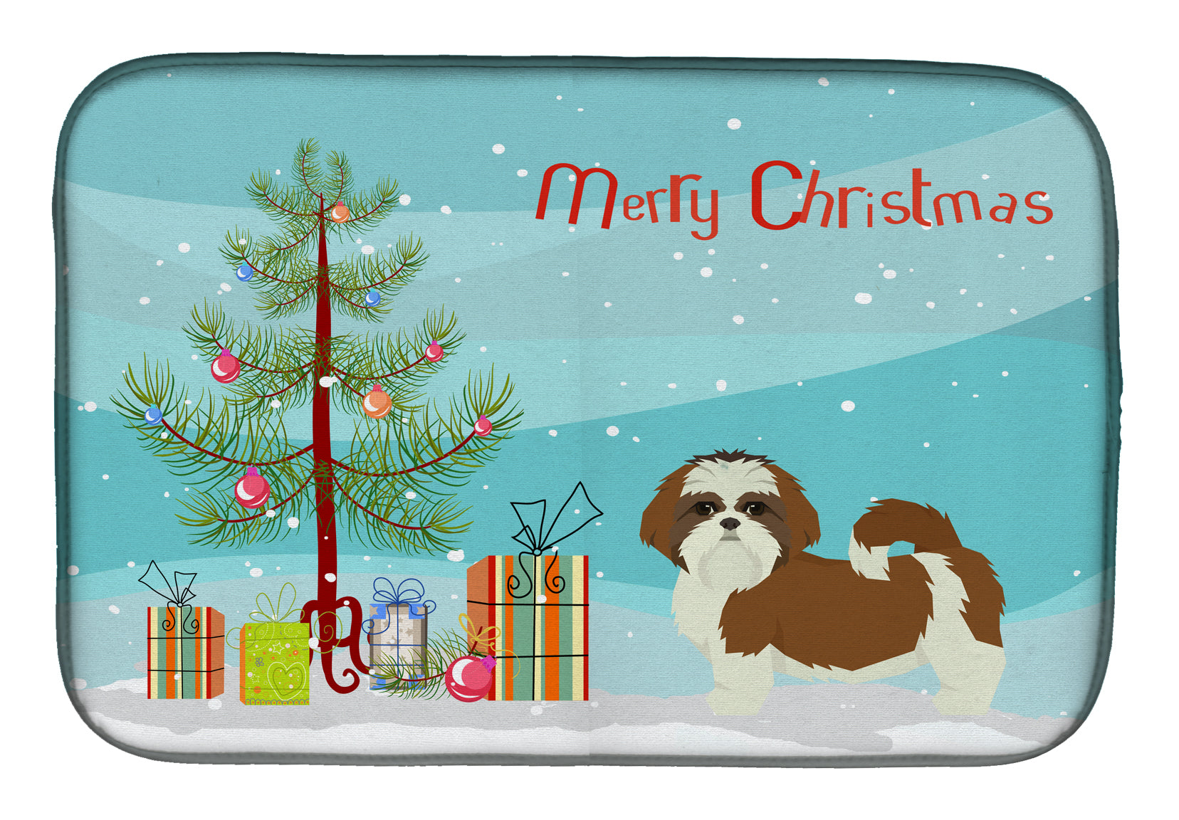 Shih Tzu Christmas Tree Dish Drying Mat Absorbent Dish Drying Mat Pad for Kitchen Counter Dish Drainer Mat for Countertop, 14 x 21", Multicolor