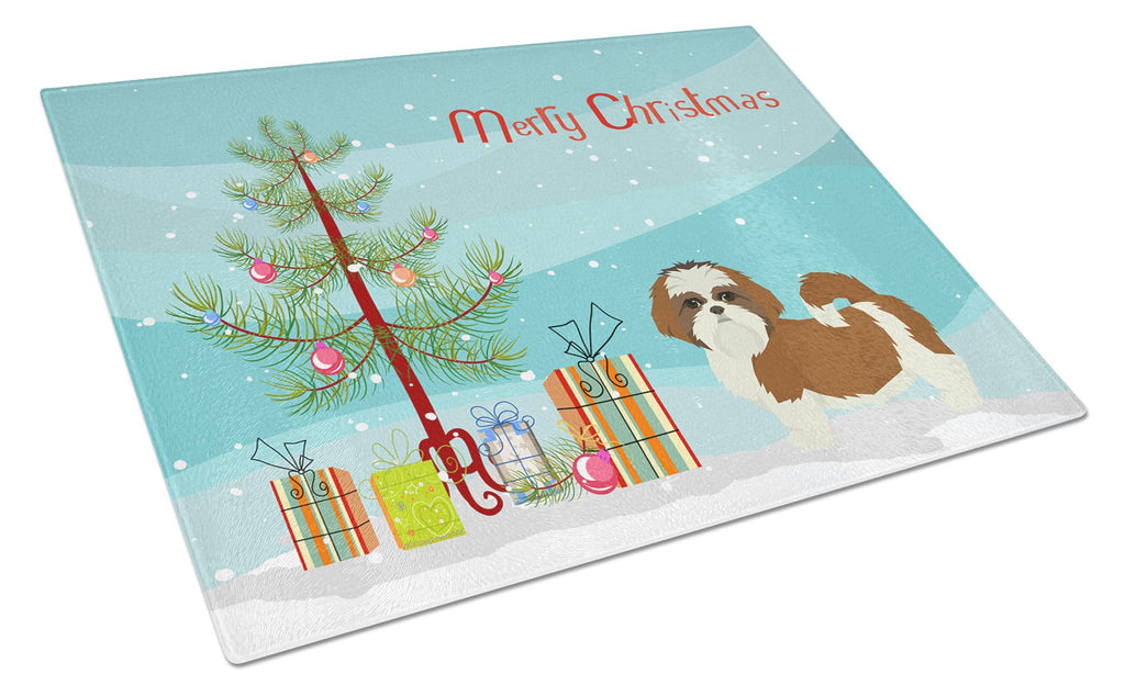 Shih Tzu Christmas Tree Cutting Board Tempered Glass Kitchen Cutting Surface, Heat Resistant Chopping, Non-Slip Feet, Food Prep & Serving