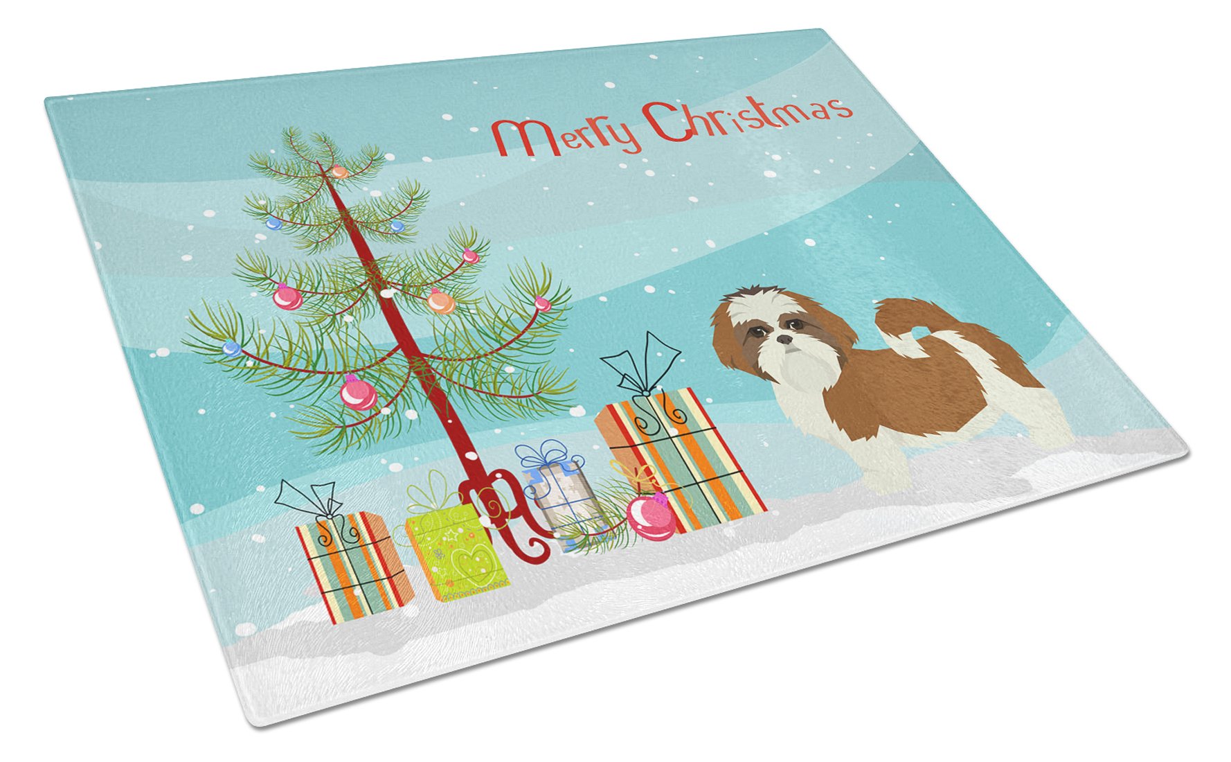 Shih Tzu Christmas Tree Cutting Board Tempered Glass Kitchen Cutting Surface, Heat Resistant Chopping, Non-Slip Feet, Food Prep & Serving