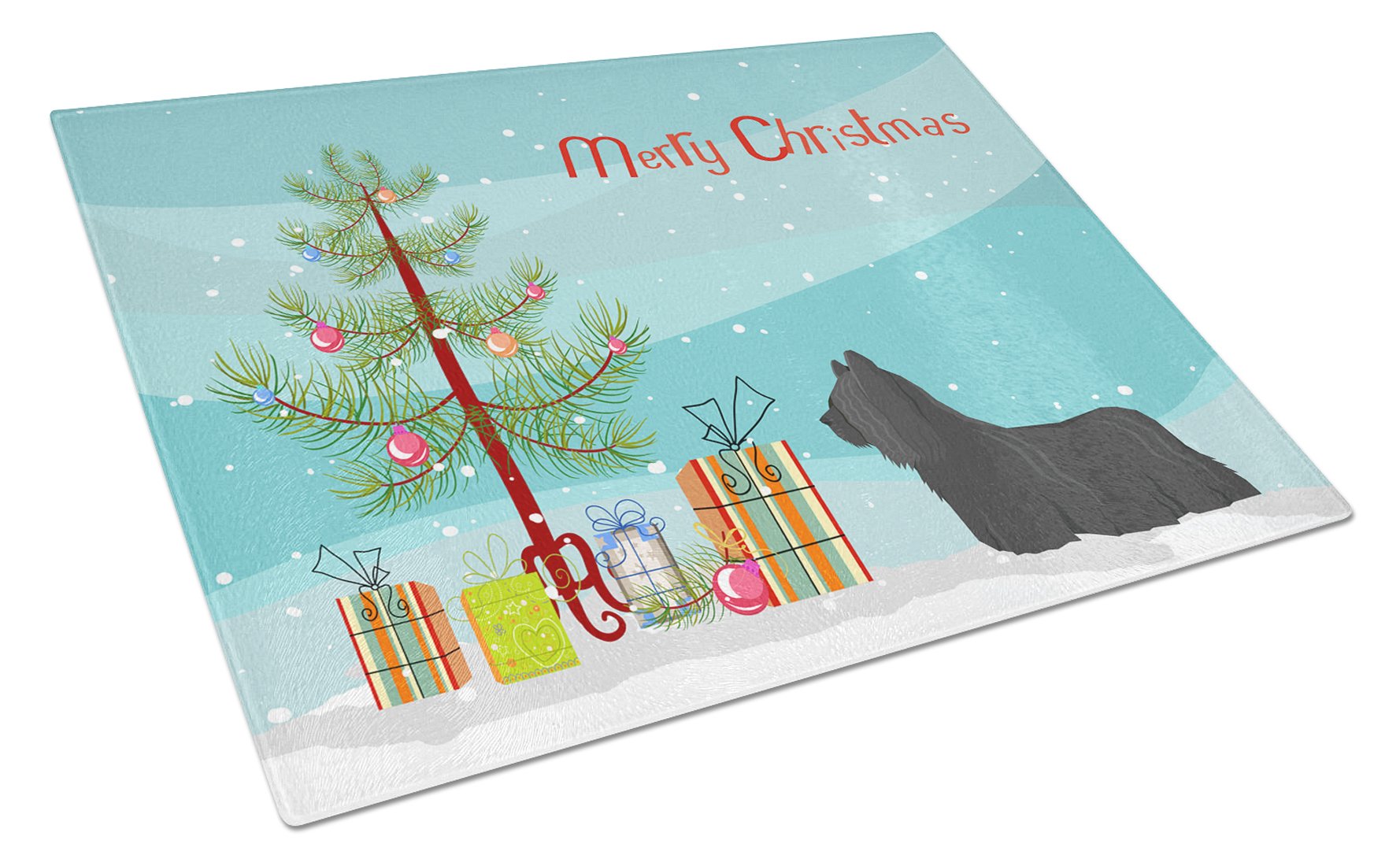 Skye Terrier Christmas Tree Cutting Board Tempered Glass Kitchen Cutting Surface, Heat Resistant Chopping, Non-Slip Feet, Food Prep & Serving