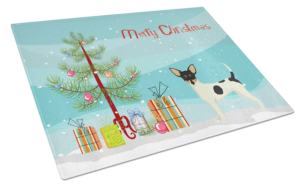 Toy Fox Terrier Christmas Tree Cutting Board Tempered Glass Kitchen Cutting Surface, Heat Resistant Chopping, Non-Slip Feet, Food Prep & Serving