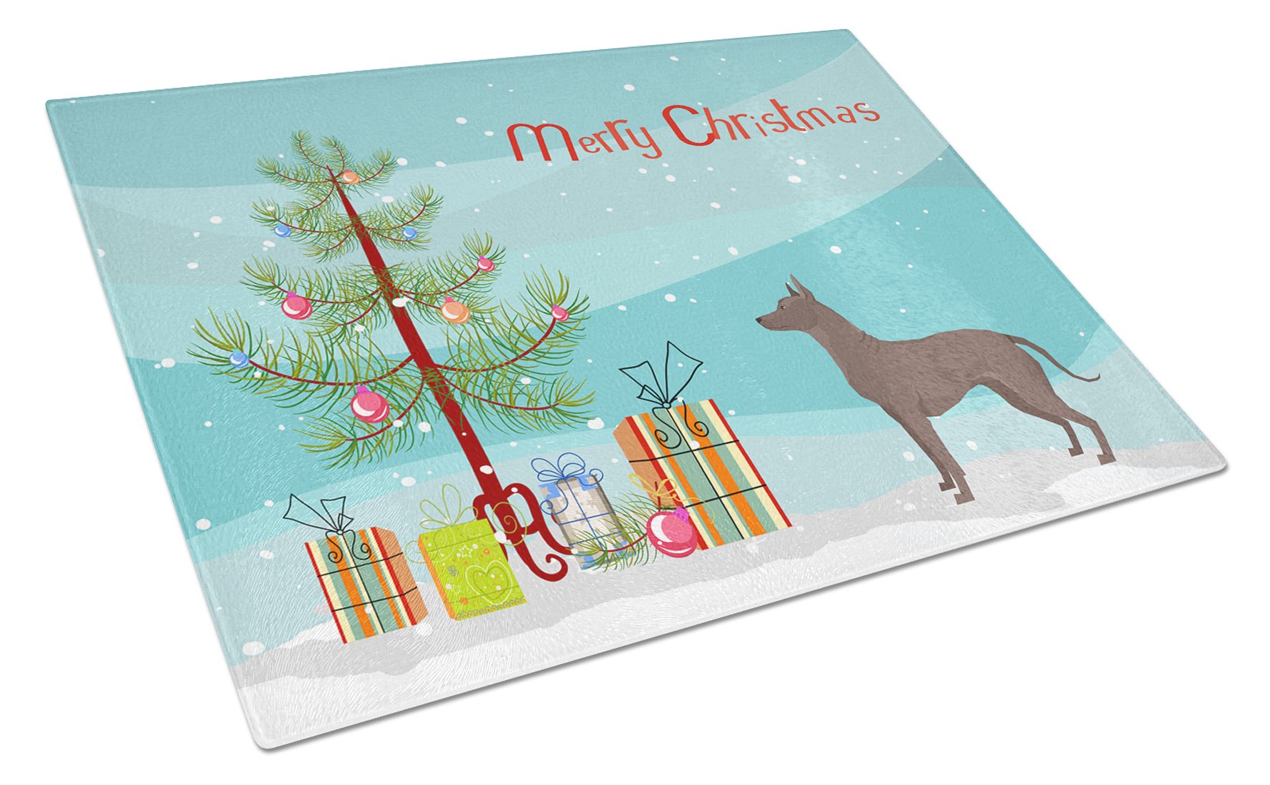 Mexican Hairless Dog Xolo Christmas Tree Cutting Board Tempered Glass Kitchen Cutting Surface, Heat Resistant Chopping, Non-Slip Feet, Food Prep & Serving