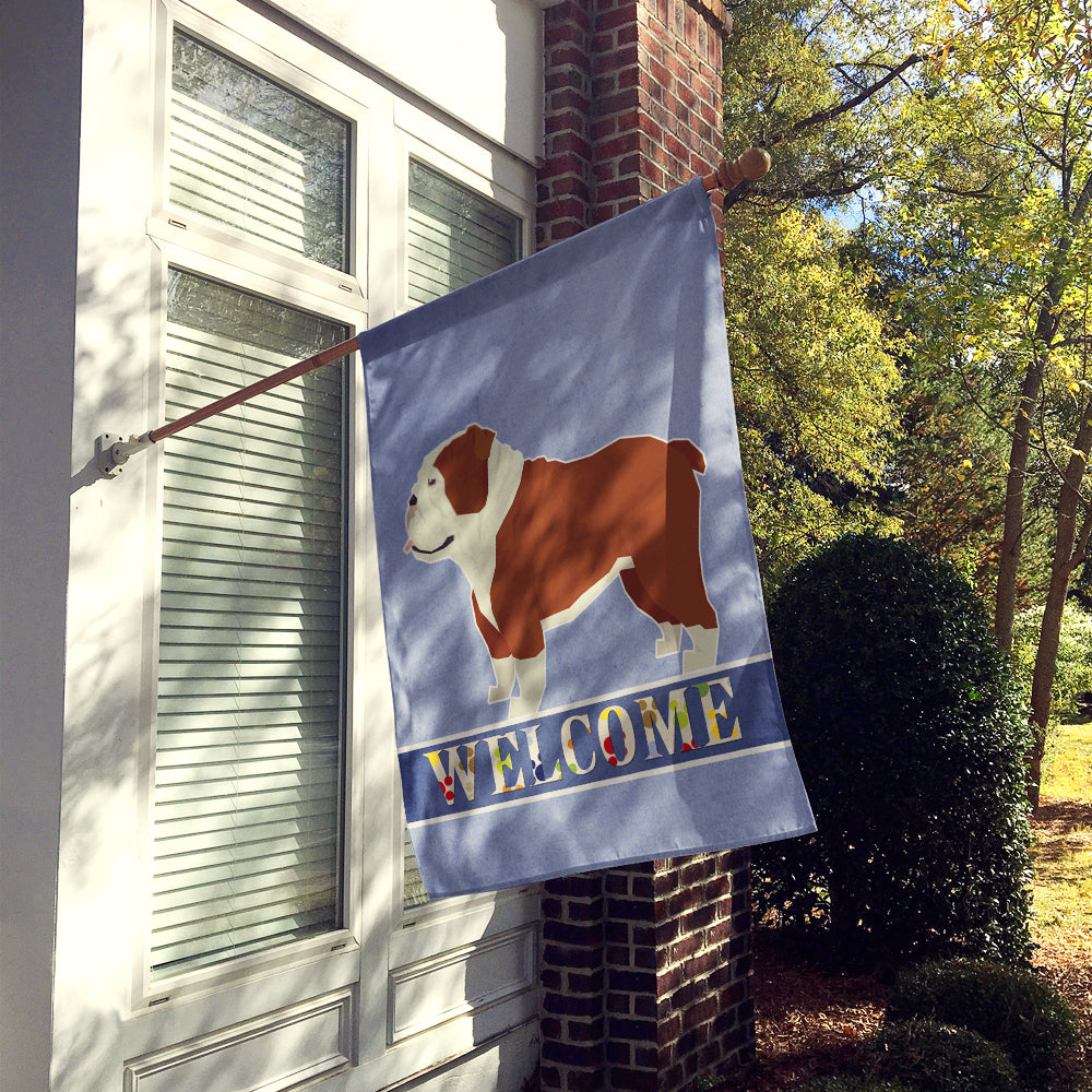 English Bulldog Welcome House Flag 28x40 Porch Sleeve Pole Decorative Outside Yard Banner Artwork Wall Hanging, Polyester