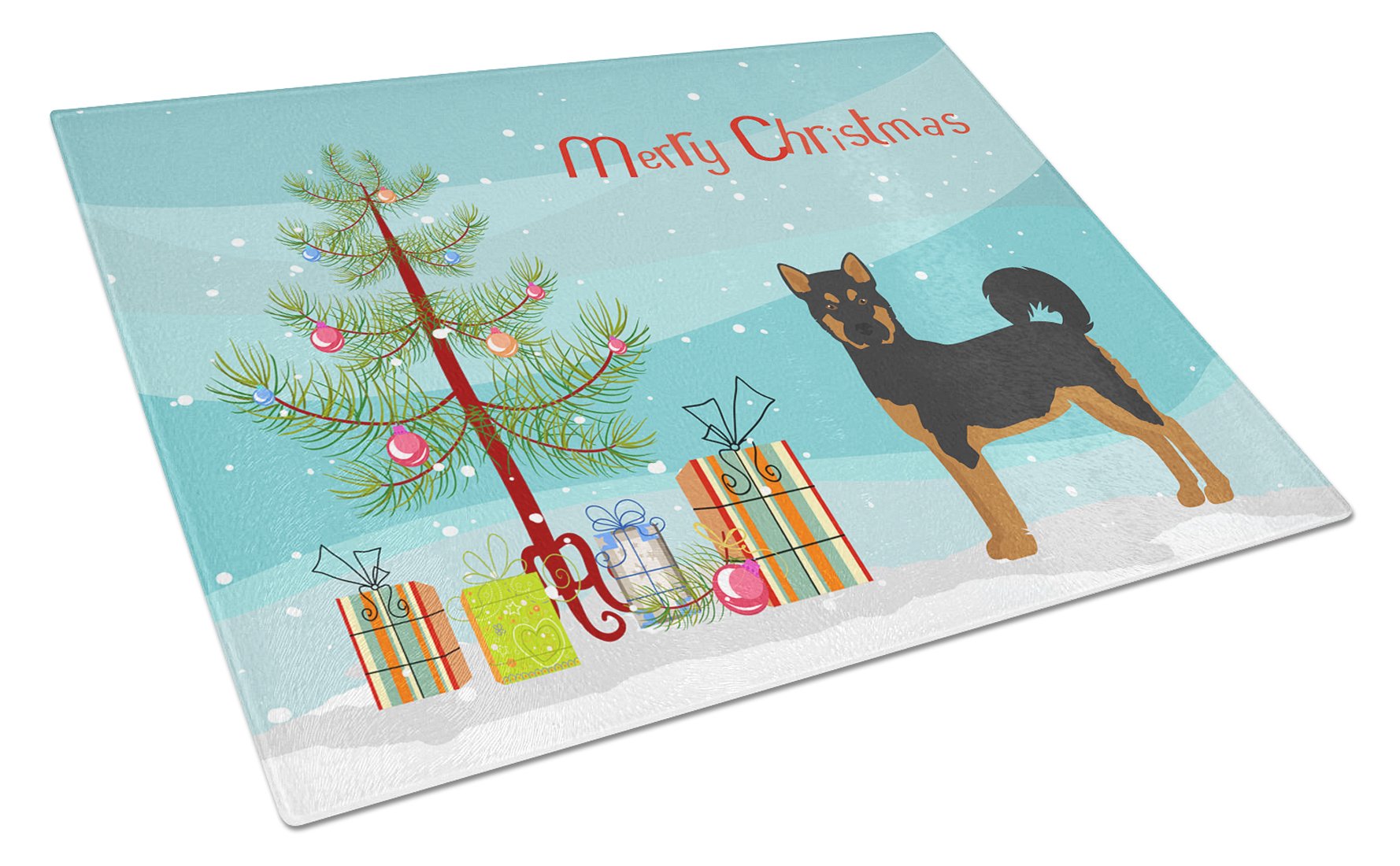 Akita Shepherd Black and Tan Christmas Tree Cutting Board Tempered Glass Kitchen Cutting Surface, Heat Resistant Chopping, Non-Slip Feet, Food Prep & Serving