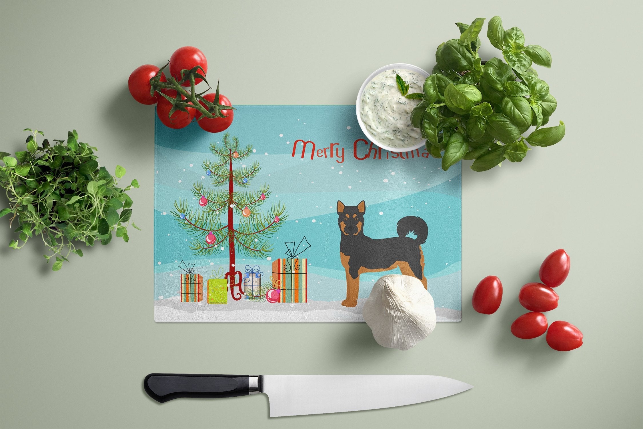 Akita Shepherd Black and Tan Christmas Tree Cutting Board Tempered Glass Kitchen Cutting Surface, Heat Resistant Chopping, Non-Slip Feet, Food Prep & Serving
