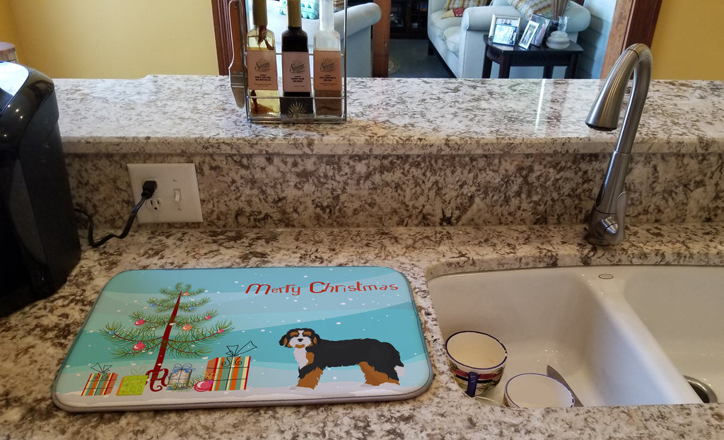 Bernedoodle Christmas Tree Dish Drying Mat Absorbent Dish Drying Mat Pad for Kitchen Counter Dish Drainer Mat for Countertop, 14 x 21", Multicolor