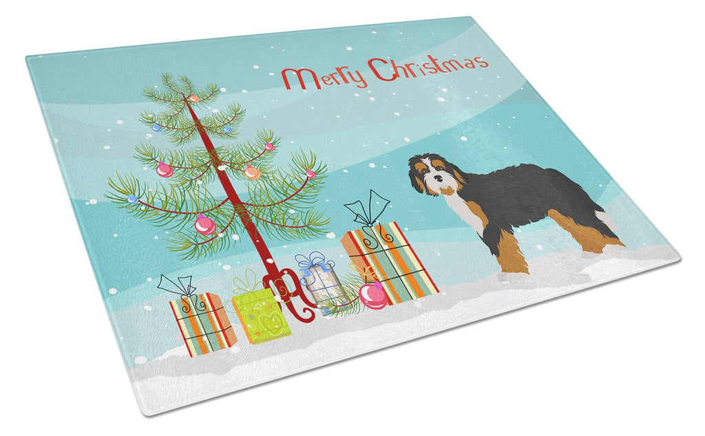 Bernedoodle Christmas Tree Cutting Board Tempered Glass Kitchen Cutting Surface, Heat Resistant Chopping, Non-Slip Feet, Food Prep & Serving