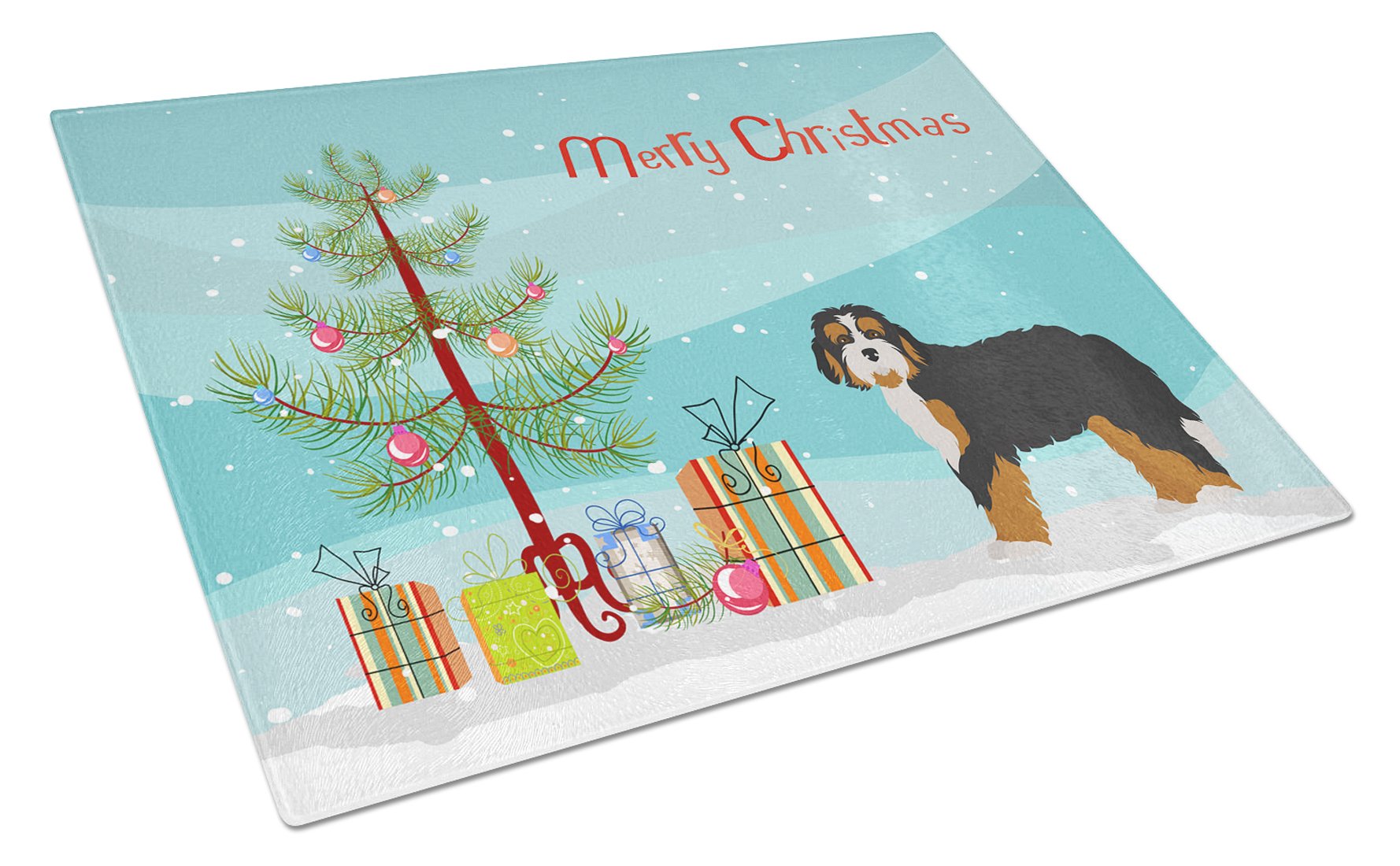 Bernedoodle Christmas Tree Cutting Board Tempered Glass Kitchen Cutting Surface, Heat Resistant Chopping, Non-Slip Feet, Food Prep & Serving