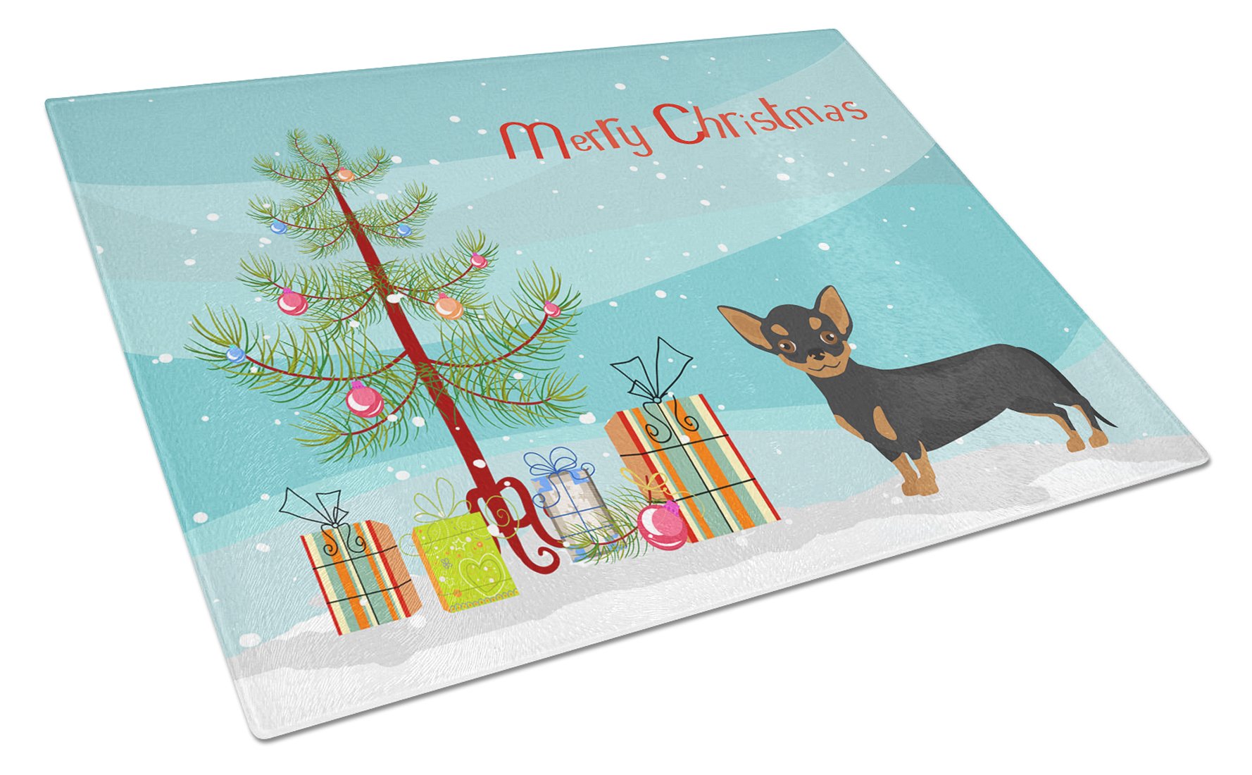 Black and Tan Chiweenie Christmas Tree Cutting Board Tempered Glass Kitchen Cutting Surface, Heat Resistant Chopping, Non-Slip Feet, Food Prep & Serving