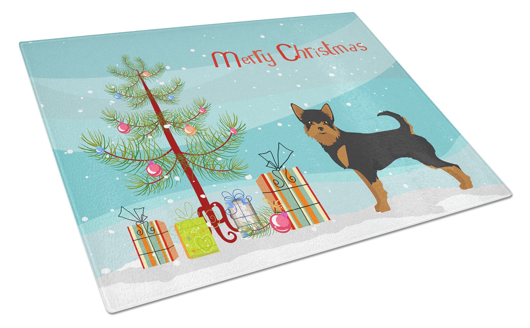 Black and Tan Chorkie Christmas Tree Cutting Board Tempered Glass Kitchen Cutting Surface, Heat Resistant Chopping, Non-Slip Feet, Food Prep & Serving