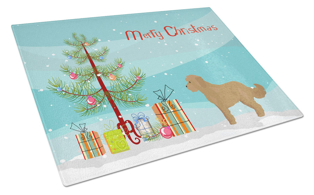 Tan Cockapoo Christmas Tree Cutting Board Tempered Glass Kitchen Cutting Surface, Heat Resistant Chopping, Non-Slip Feet, Food Prep & Serving