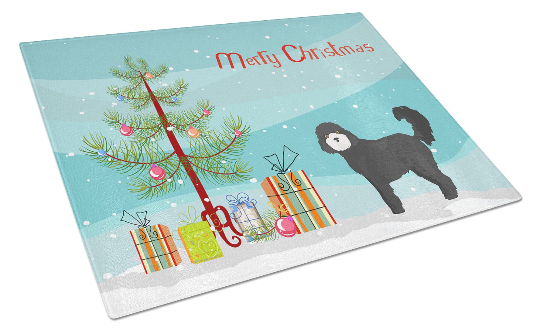 Black Cockapoo Christmas Tree Cutting Board Tempered Glass Kitchen Cutting Surface, Heat Resistant Chopping, Non-Slip Feet, Food Prep & Serving