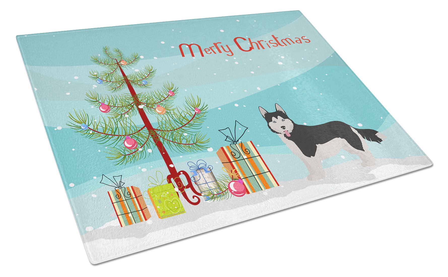 Corgi Husky Mix #2 Christmas Tree Cutting Board Tempered Glass Kitchen Cutting Surface, Heat Resistant Chopping, Non-Slip Feet, Food Prep & Serving