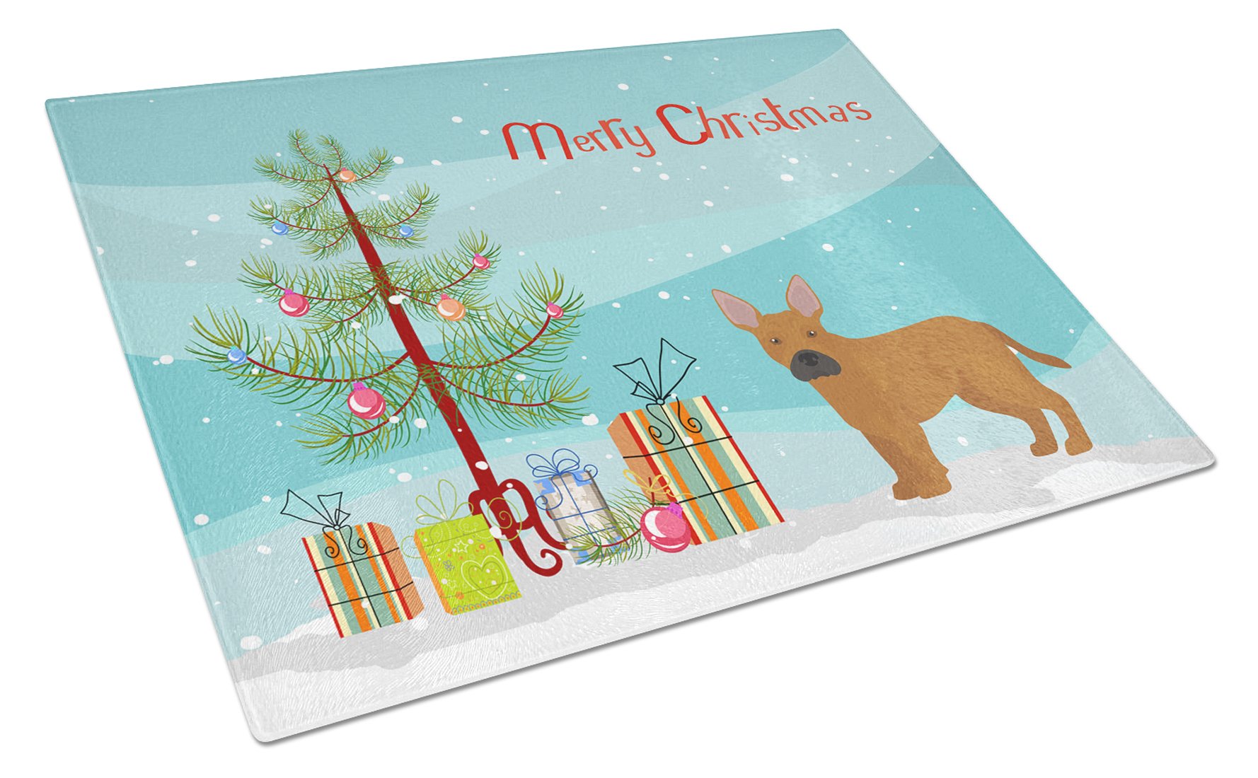 Tan French Bulldog Pit Bull Mix Christmas Tree Cutting Board Tempered Glass Kitchen Cutting Surface, Heat Resistant Chopping, Non-Slip Feet, Food Prep & Serving