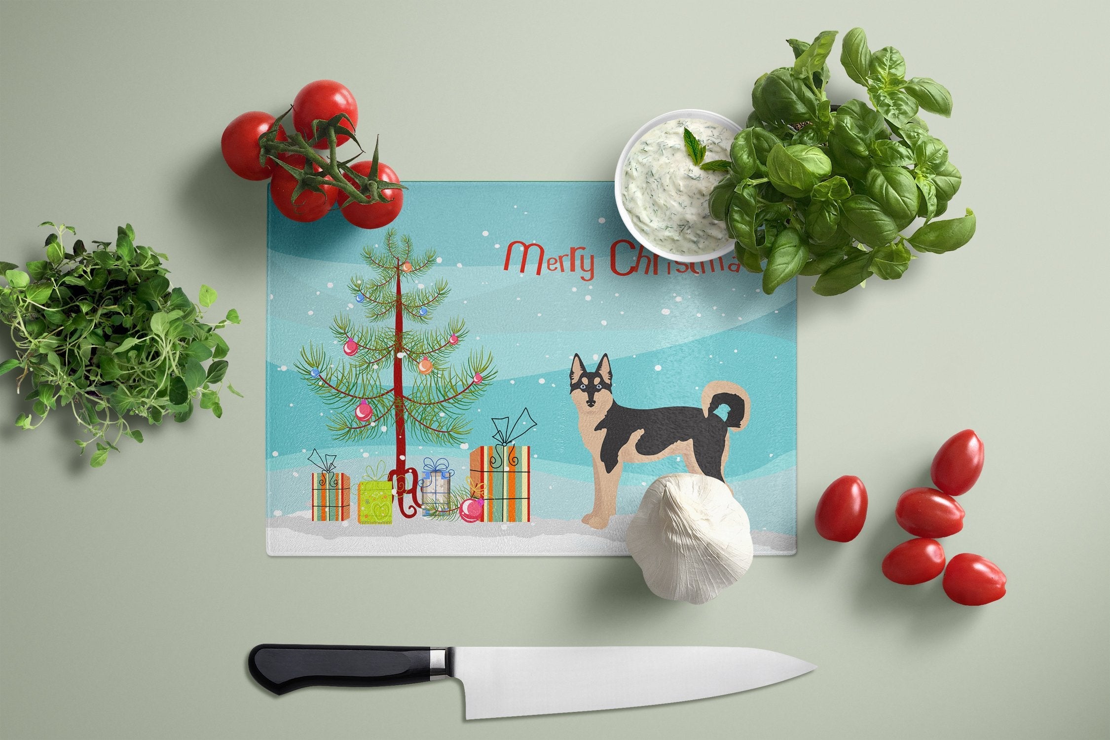 Gerberian Shepsky #2 Christmas Tree Cutting Board Tempered Glass Kitchen Cutting Surface, Heat Resistant Chopping, Non-Slip Feet, Food Prep & Serving