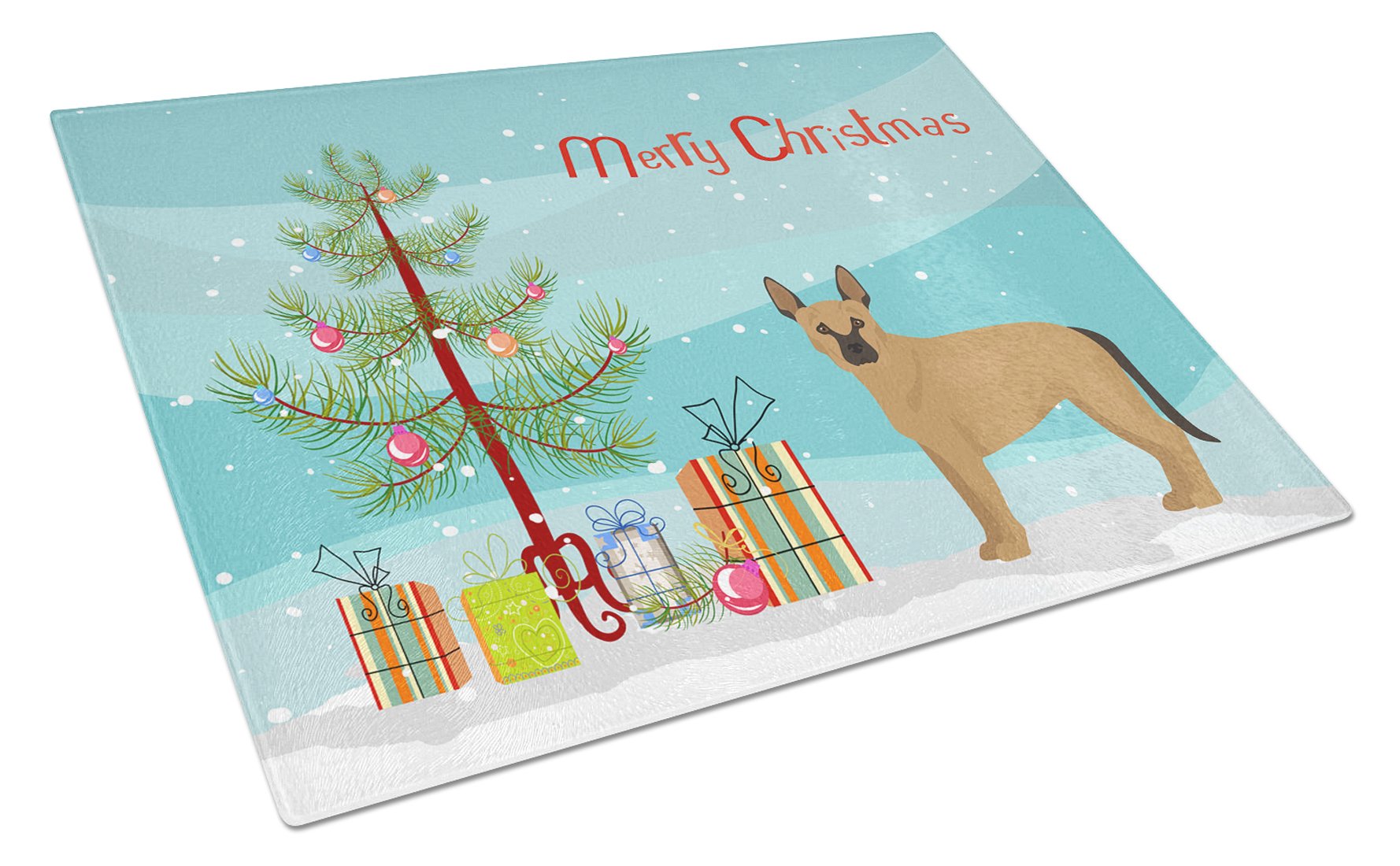 Tan German Shepherd Mastiff Mix Christmas Tree Cutting Board Tempered Glass Kitchen Cutting Surface, Heat Resistant Chopping, Non-Slip Feet, Food Prep & Serving