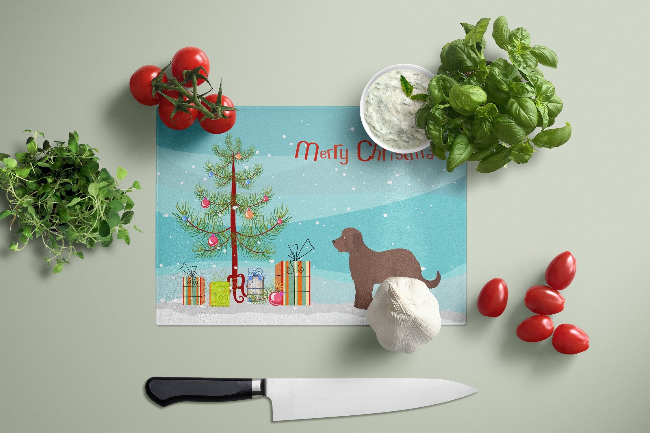 Brown Goldendoodle Christmas Tree Cutting Board Tempered Glass Kitchen Cutting Surface, Heat Resistant Chopping, Non-Slip Feet, Food Prep & Serving