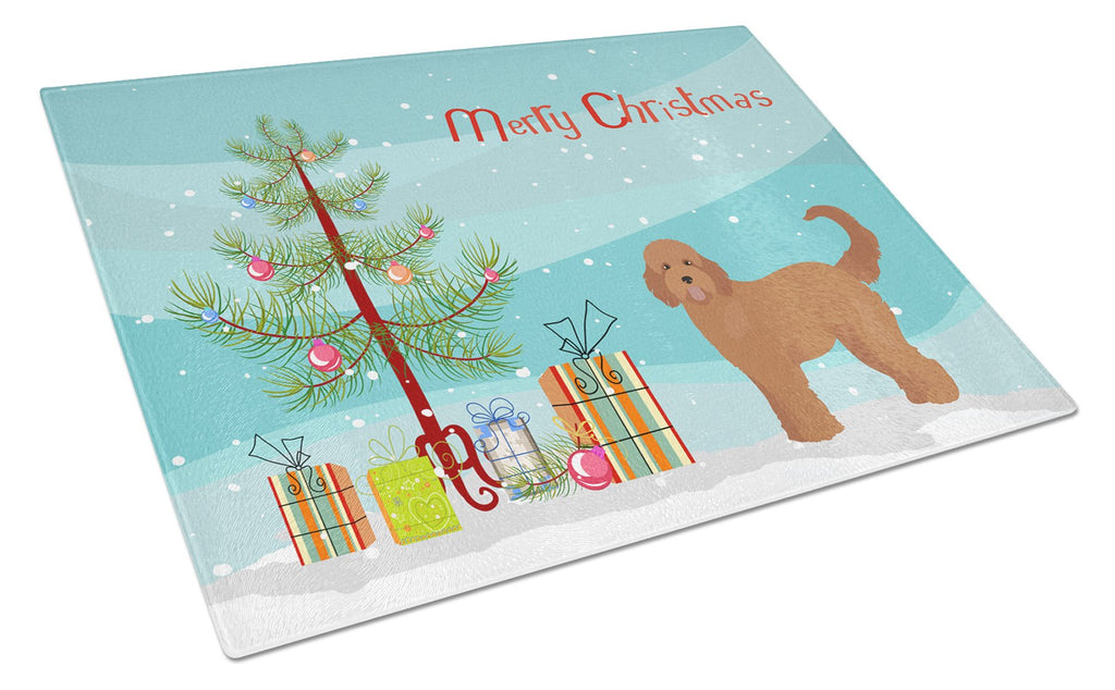 Tan Goldendoodle Christmas Tree Cutting Board Tempered Glass Kitchen Cutting Surface, Heat Resistant Chopping, Non-Slip Feet, Food Prep & Serving