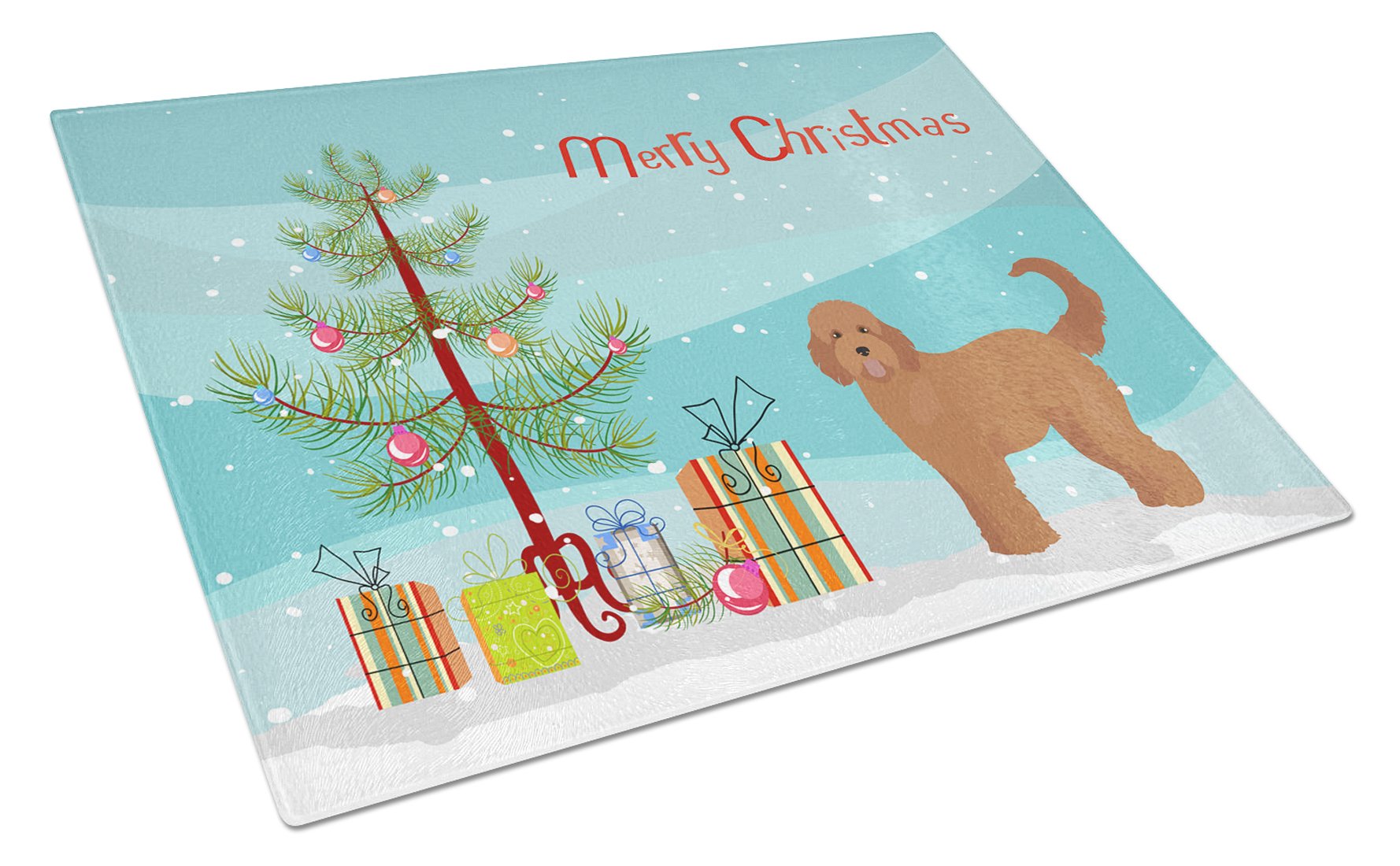 Tan Goldendoodle Christmas Tree Cutting Board Tempered Glass Kitchen Cutting Surface, Heat Resistant Chopping, Non-Slip Feet, Food Prep & Serving