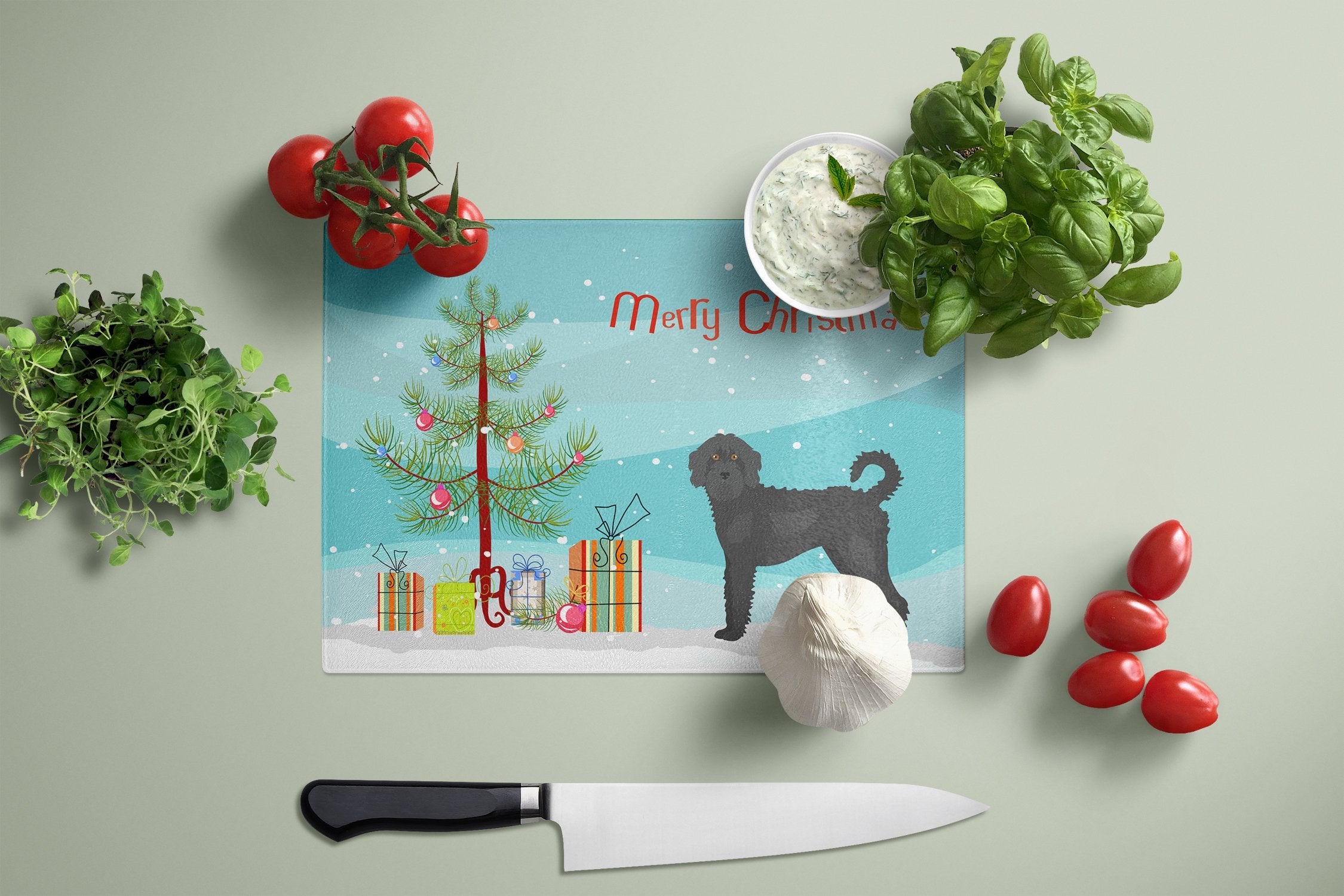Black Labradoodle Christmas Tree Cutting Board Tempered Glass Kitchen Cutting Surface, Heat Resistant Chopping, Non-Slip Feet, Food Prep & Serving