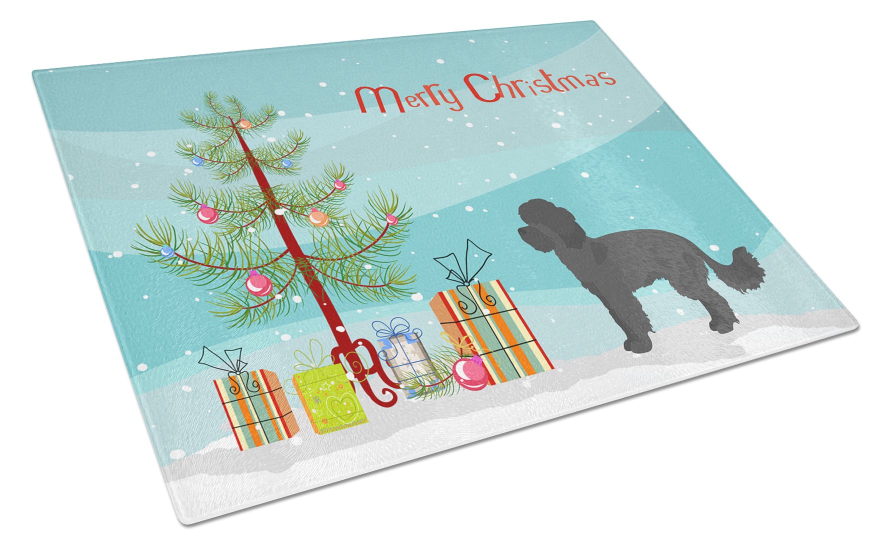Black Maltipoo Christmas Tree Cutting Board Tempered Glass Kitchen Cutting Surface, Heat Resistant Chopping, Non-Slip Feet, Food Prep & Serving