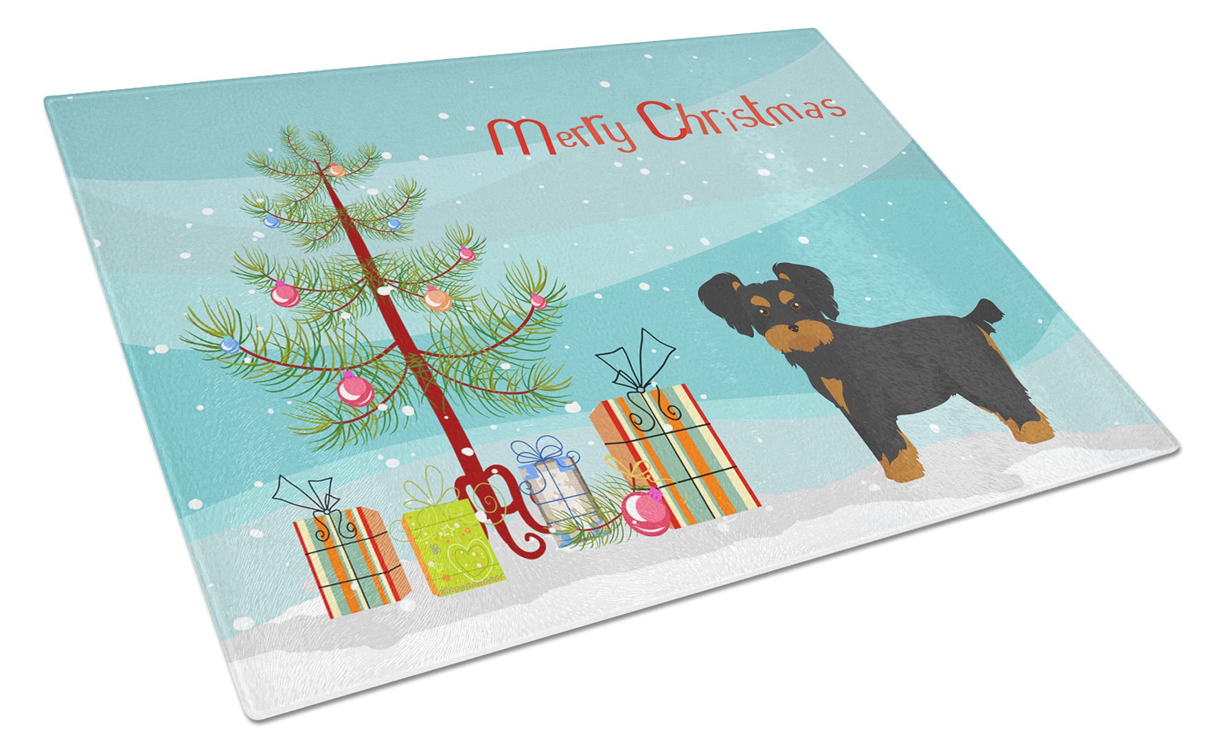 Morkie Christmas Tree Cutting Board Tempered Glass Kitchen Cutting Surface, Heat Resistant Chopping, Non-Slip Feet, Food Prep & Serving