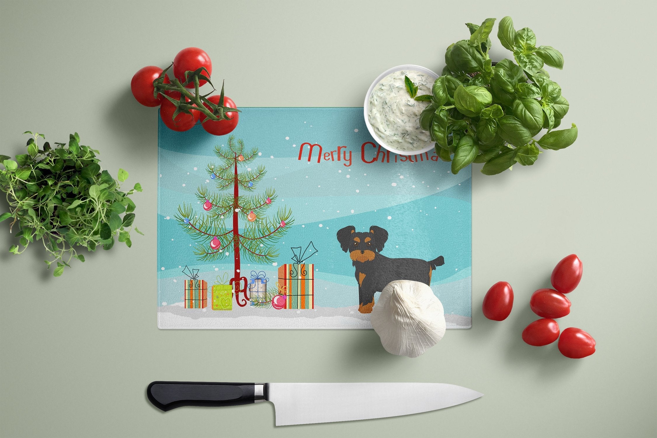 Morkie Christmas Tree Cutting Board Tempered Glass Kitchen Cutting Surface, Heat Resistant Chopping, Non-Slip Feet, Food Prep & Serving