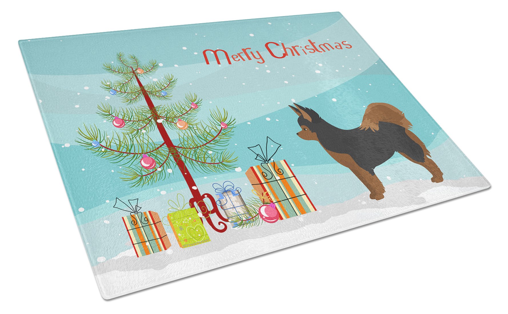 Black and Tan Pomchi Christmas Tree Cutting Board Tempered Glass Kitchen Cutting Surface, Heat Resistant Chopping, Non-Slip Feet, Food Prep & Serving