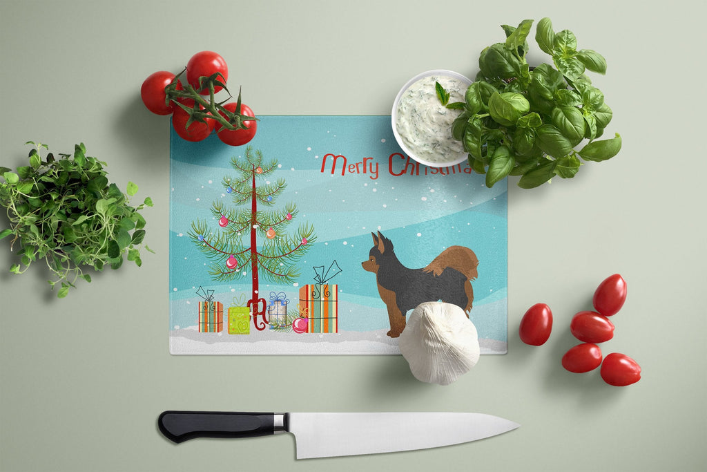 Black and Tan Pomchi Christmas Tree Cutting Board Tempered Glass Kitchen Cutting Surface, Heat Resistant Chopping, Non-Slip Feet, Food Prep & Serving