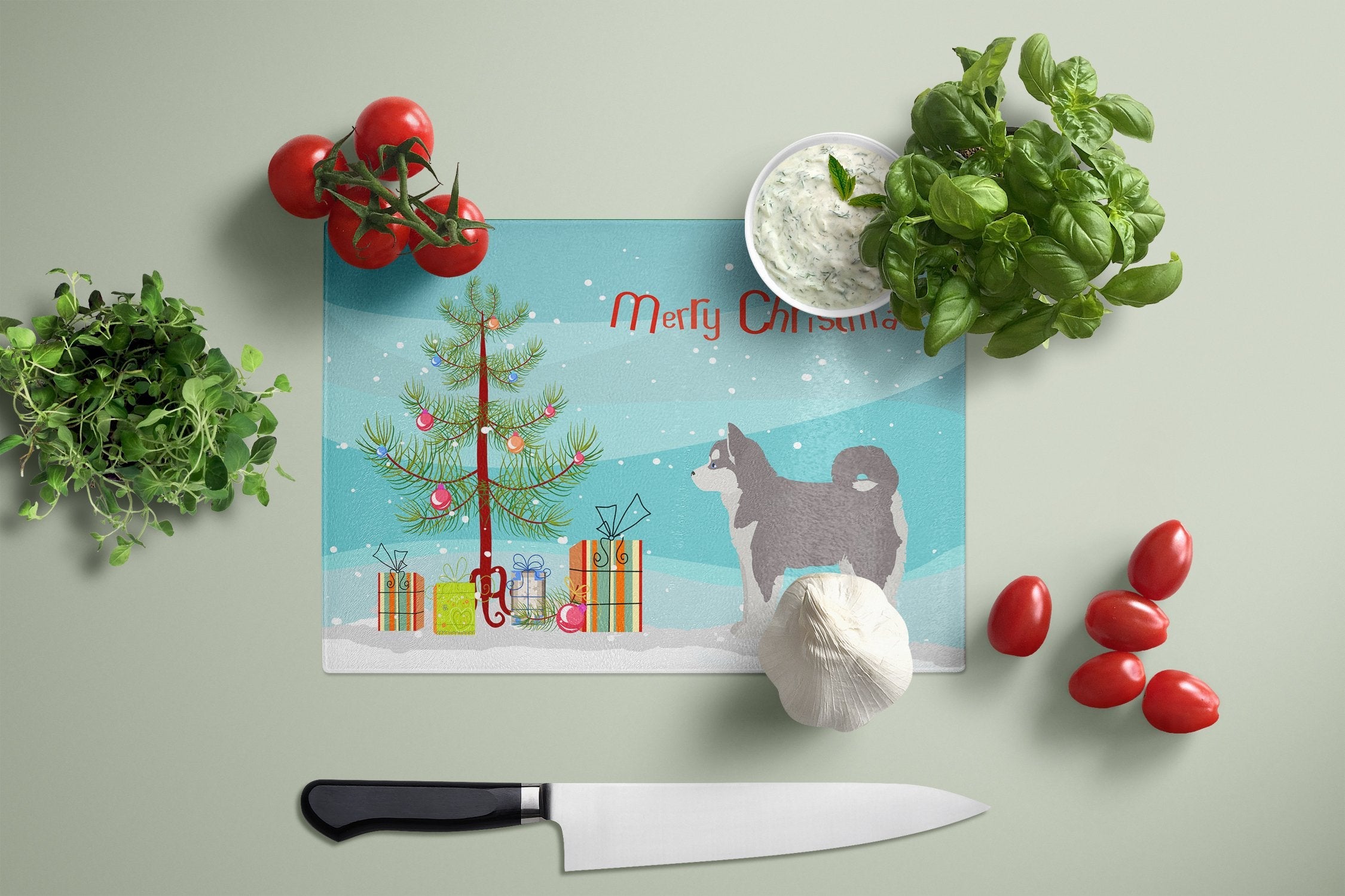 Pomsky #2 Christmas Tree Cutting Board Tempered Glass Kitchen Cutting Surface, Heat Resistant Chopping, Non-Slip Feet, Food Prep & Serving