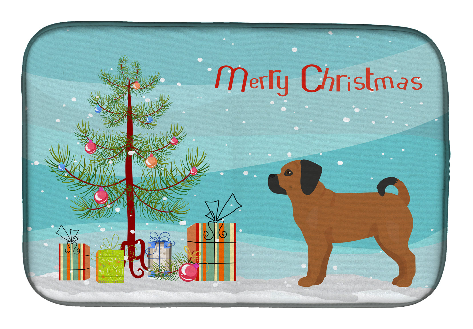 Puggle Christmas Tree Dish Drying Mat Absorbent Dish Drying Mat Pad for Kitchen Counter Dish Drainer Mat for Countertop, 14 x 21", Multicolor