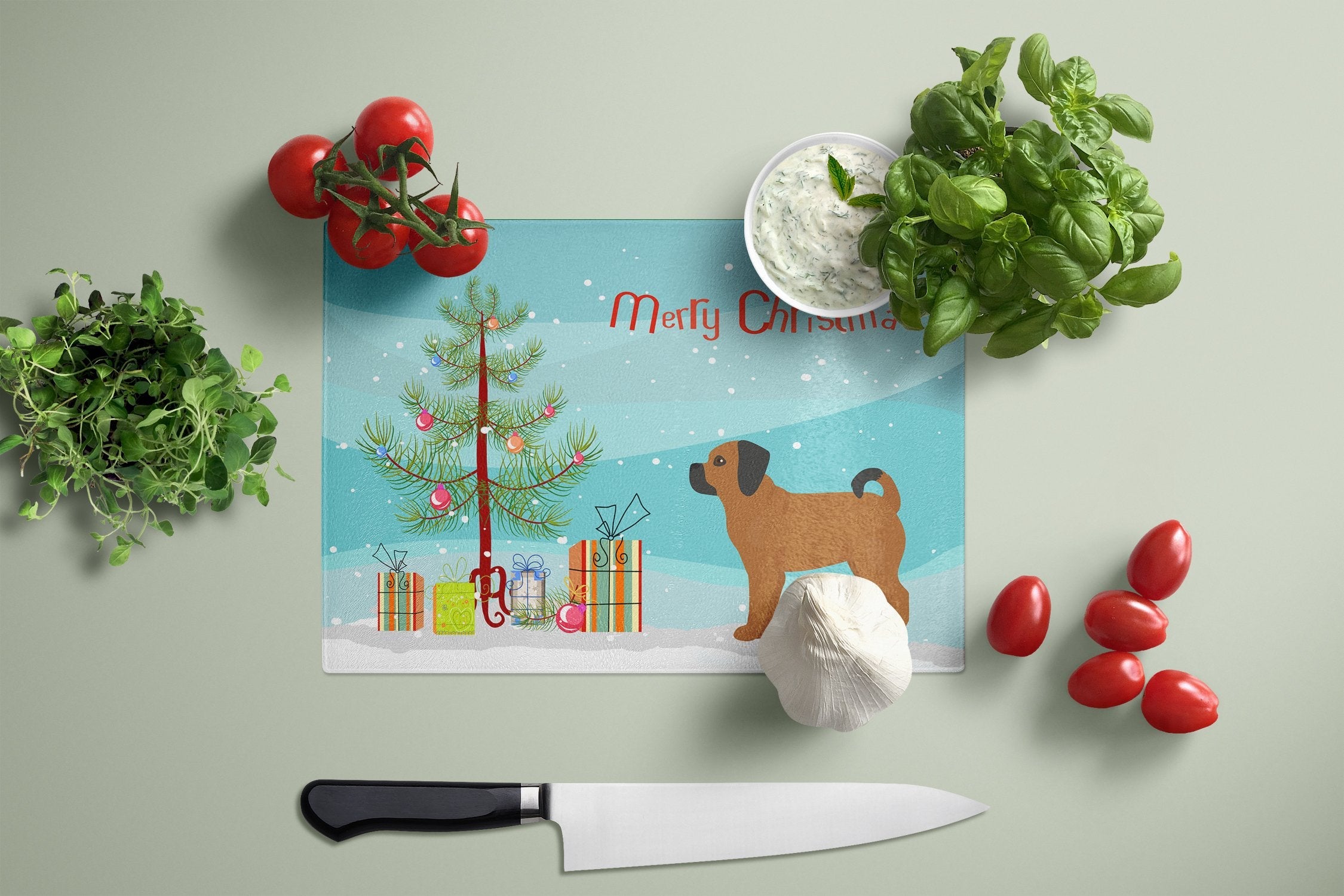 Puggle Christmas Tree Cutting Board Tempered Glass Kitchen Cutting Surface, Heat Resistant Chopping, Non-Slip Feet, Food Prep & Serving