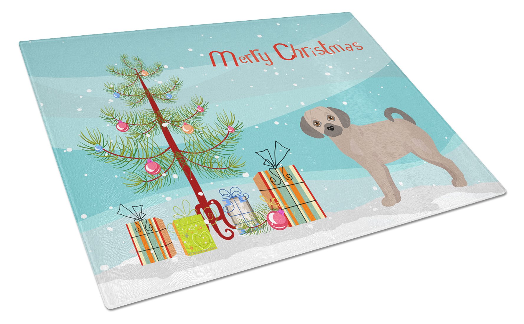 Fawn Puggle Christmas Tree Cutting Board Tempered Glass Kitchen Cutting Surface, Heat Resistant Chopping, Non-Slip Feet, Food Prep & Serving