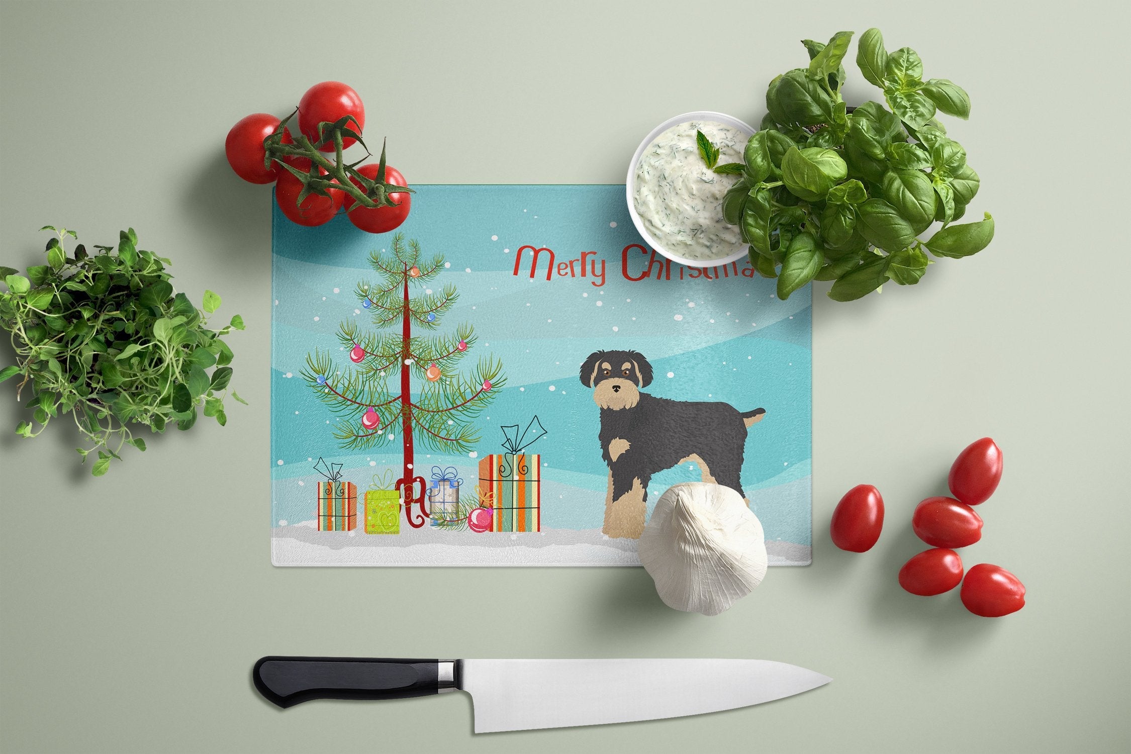 Schnoodle Christmas Tree Cutting Board Tempered Glass Kitchen Cutting Surface, Heat Resistant Chopping, Non-Slip Feet, Food Prep & Serving