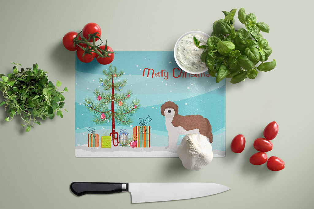 Sheepadoodle Christmas Tree Cutting Board Tempered Glass Kitchen Cutting Surface, Heat Resistant Chopping, Non-Slip Feet, Food Prep & Serving