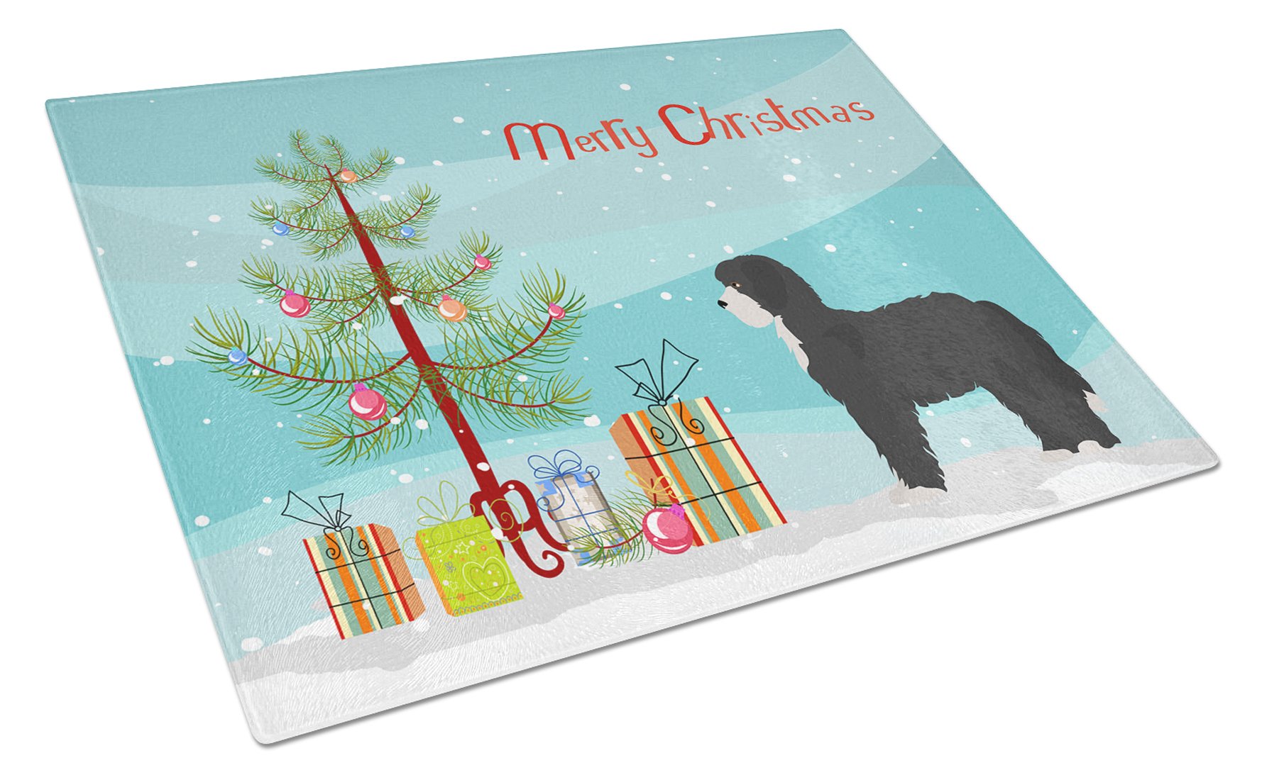 Black Sheepadoodle Christmas Tree Cutting Board Tempered Glass Kitchen Cutting Surface, Heat Resistant Chopping, Non-Slip Feet, Food Prep & Serving