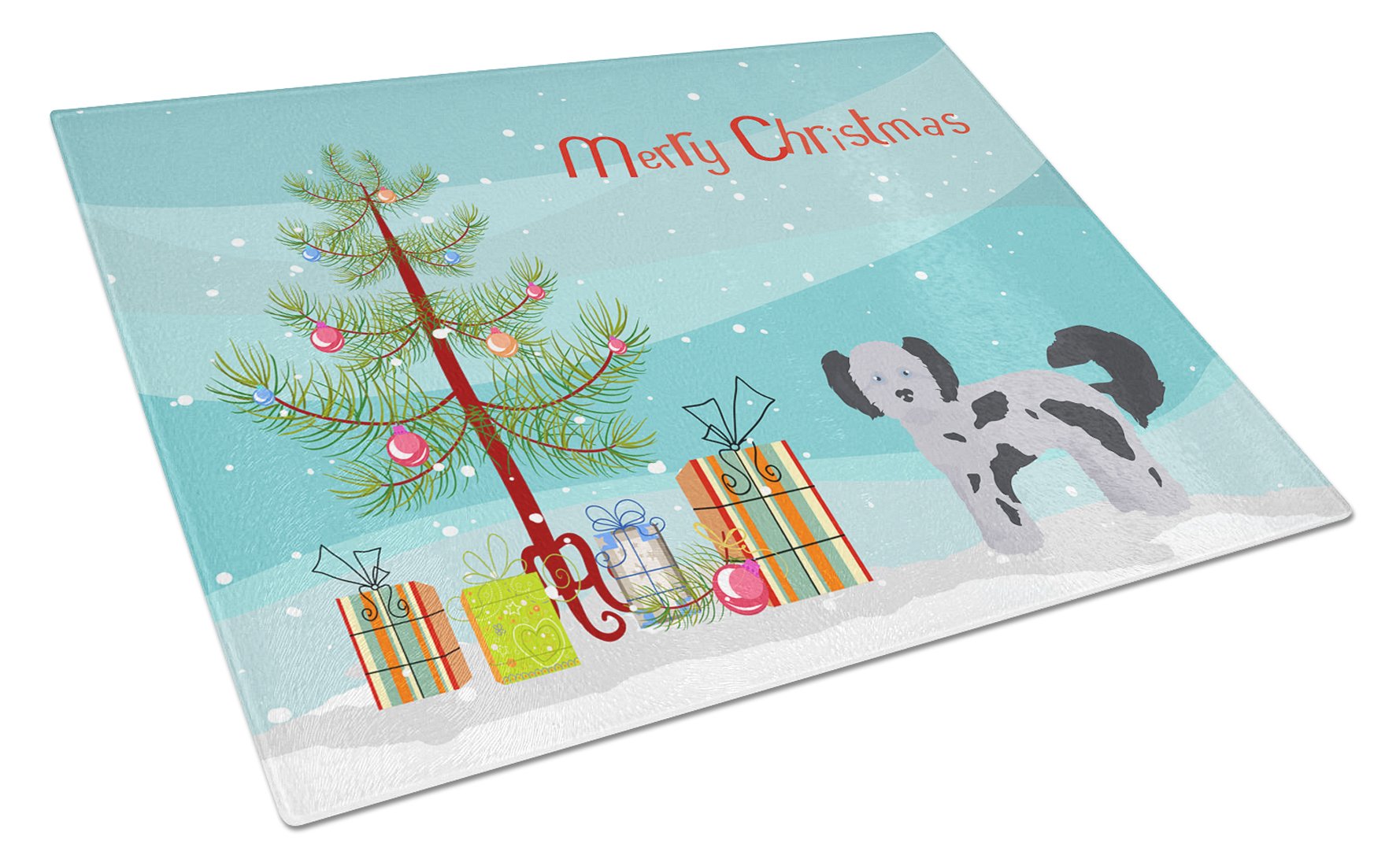 Shih Poo Christmas Tree Cutting Board Tempered Glass Kitchen Cutting Surface, Heat Resistant Chopping, Non-Slip Feet, Food Prep & Serving