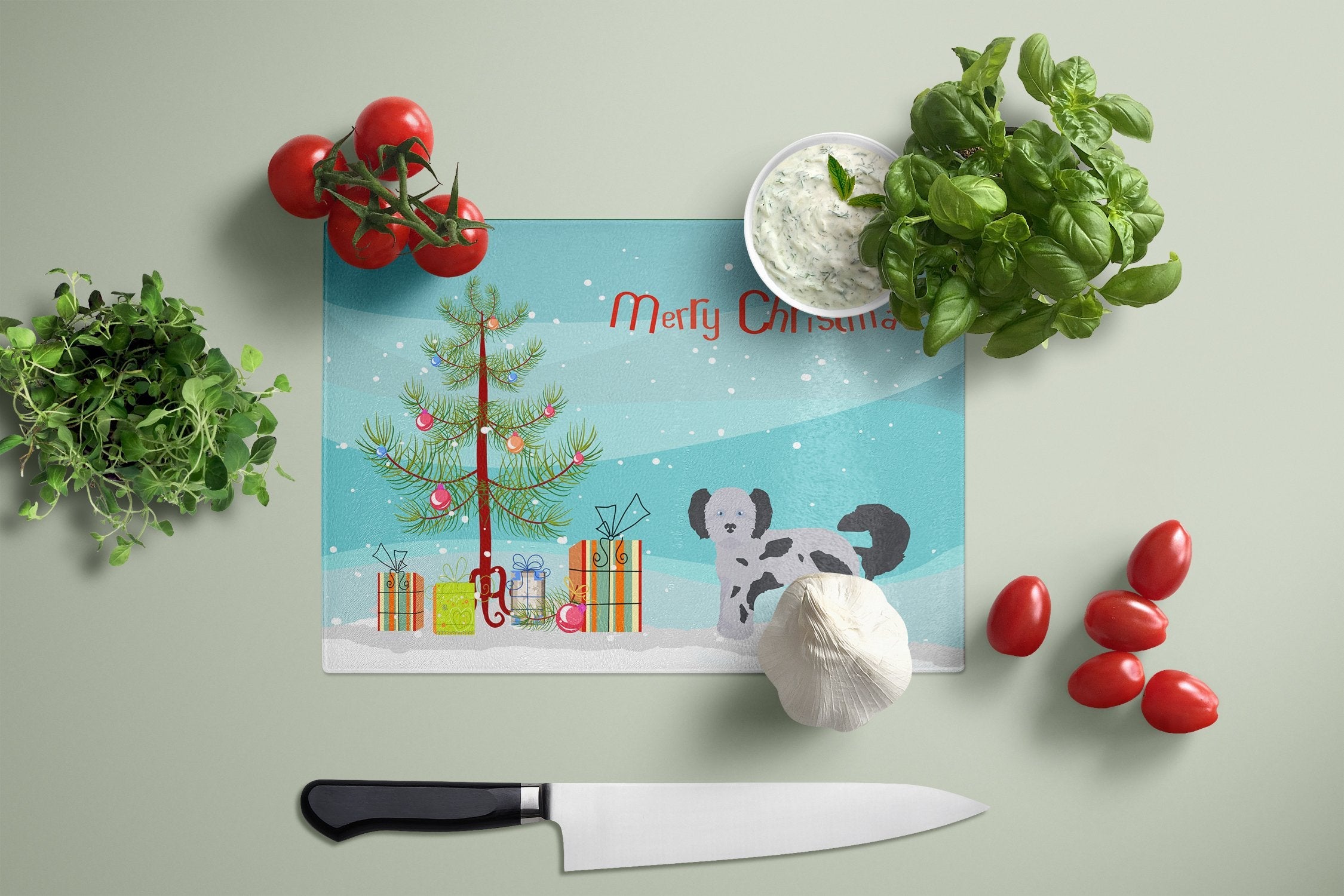 Shih Poo Christmas Tree Cutting Board Tempered Glass Kitchen Cutting Surface, Heat Resistant Chopping, Non-Slip Feet, Food Prep & Serving