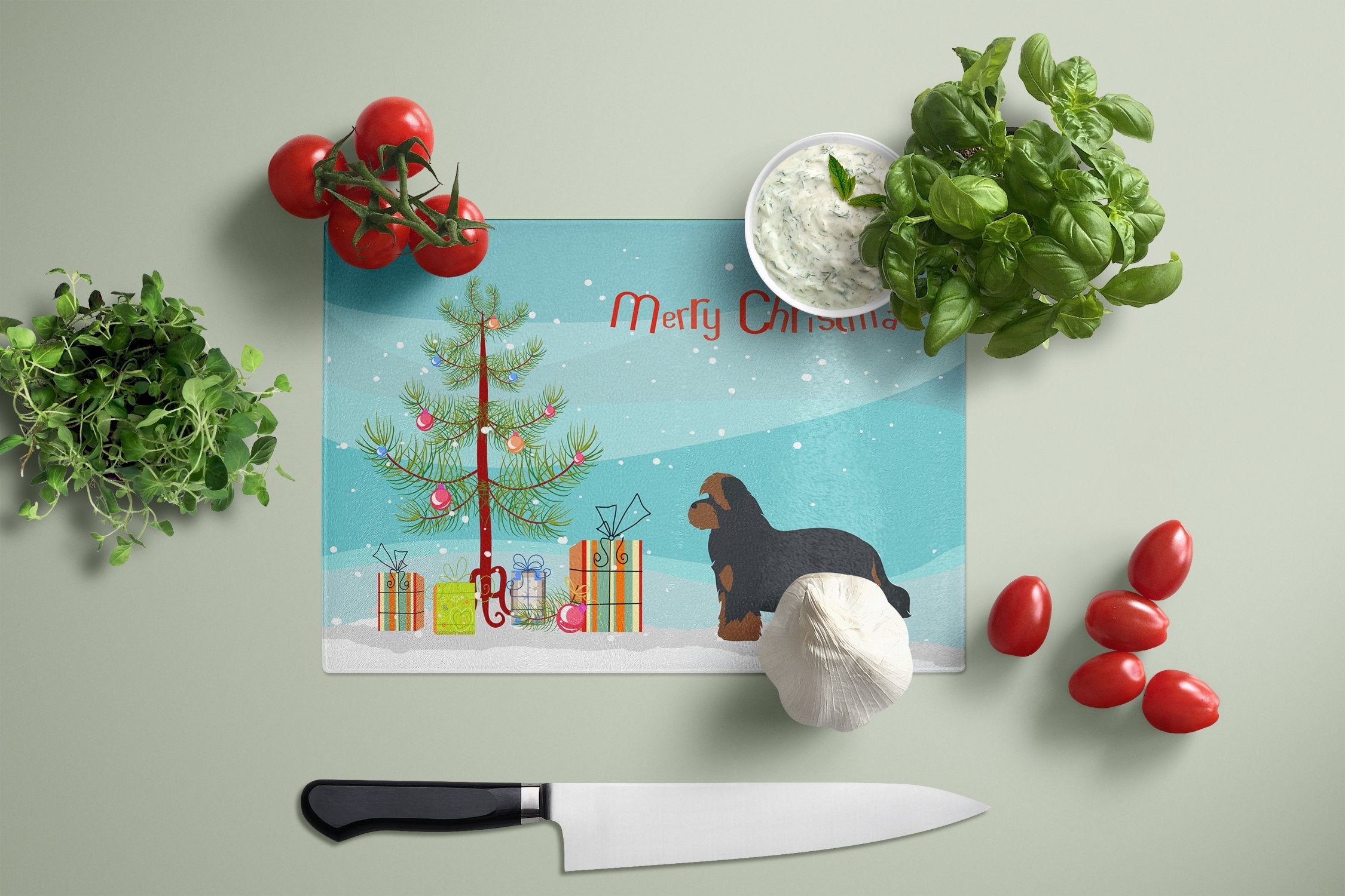 Shorkie #1 Christmas Tree Cutting Board Tempered Glass Kitchen Cutting Surface, Heat Resistant Chopping, Non-Slip Feet, Food Prep & Serving