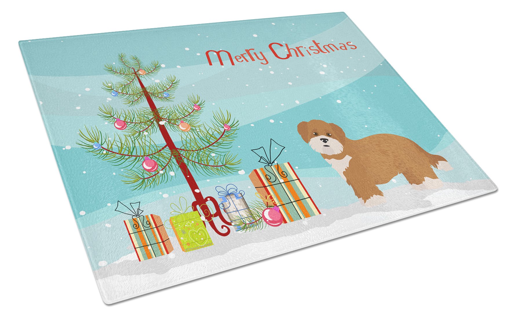 Shorkie #2 Christmas Tree Cutting Board Tempered Glass Kitchen Cutting Surface, Heat Resistant Chopping, Non-Slip Feet, Food Prep & Serving