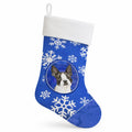 Boston Terrier Winter Snowflakes Holiday Stocking Double-Sided Print, Polyester Suede,11x18, Made in USA