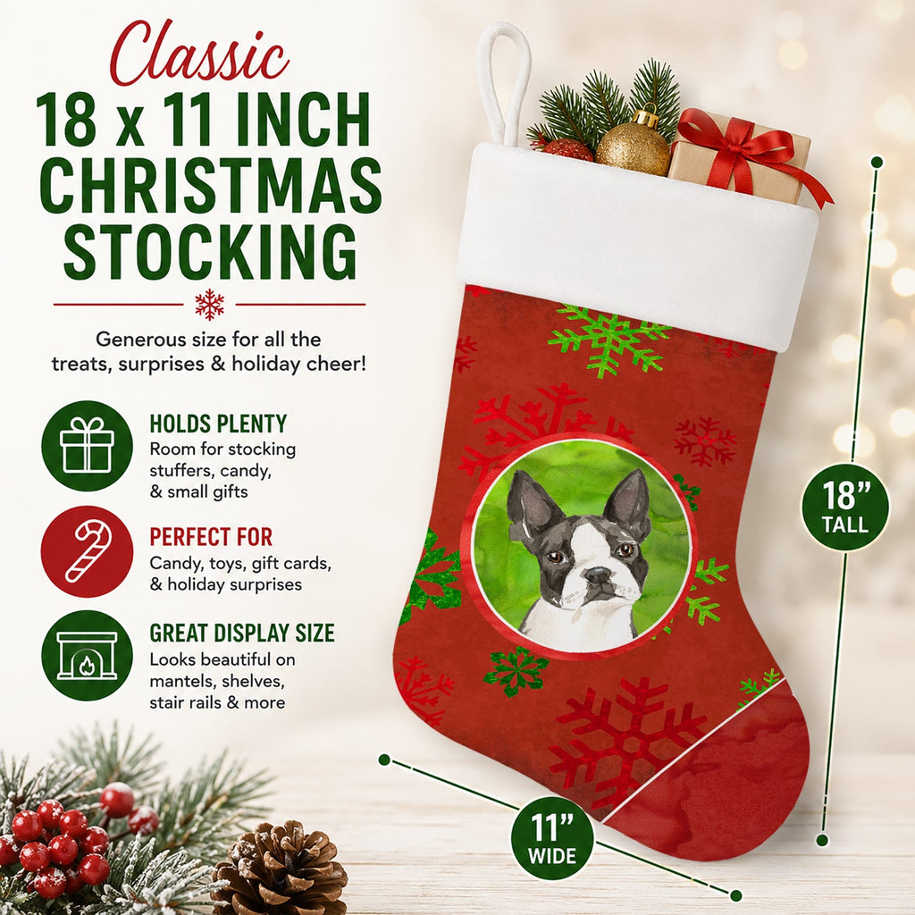 Christmas Snowflakes Boston Terrier Holiday Stocking Double-Sided Print, Polyester Suede,11x18, Made in USA