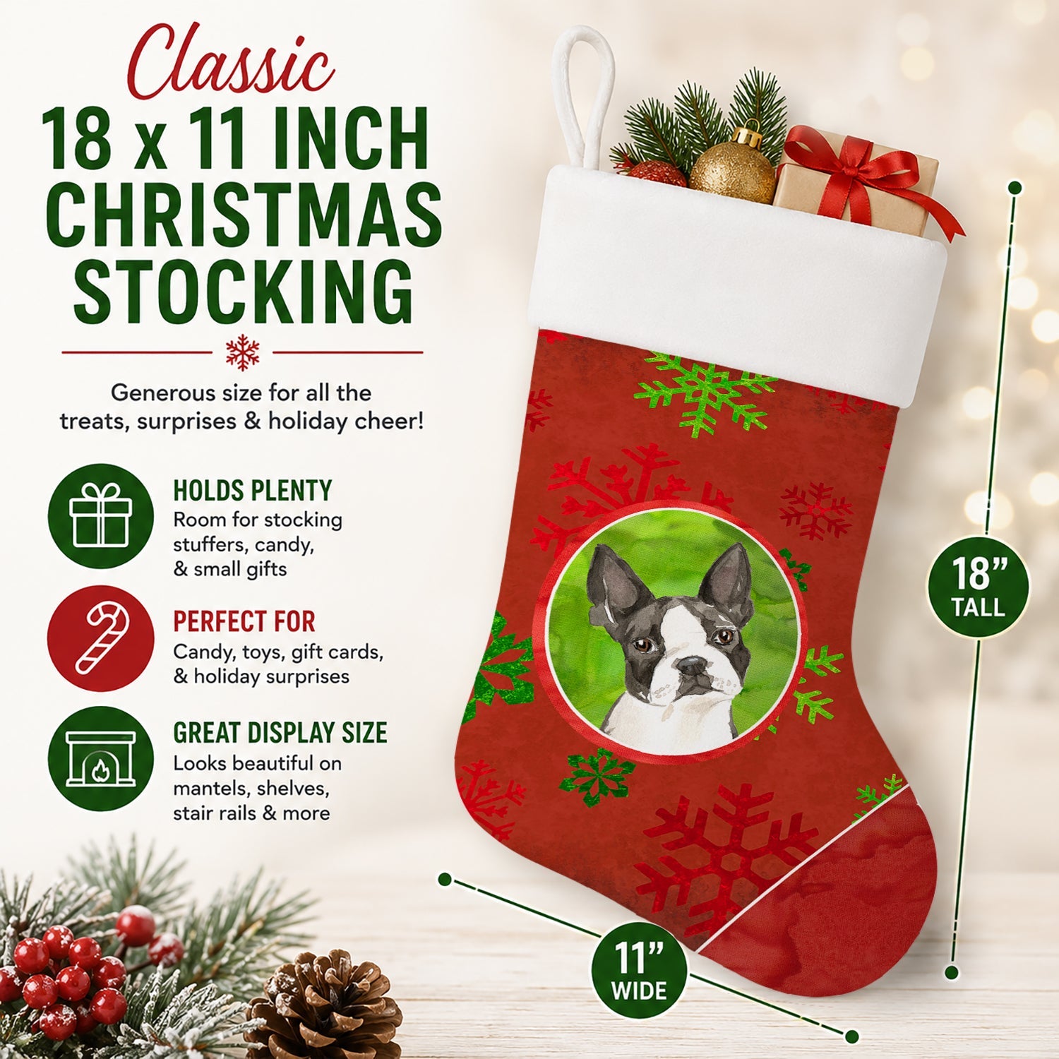 Christmas Snowflakes Boston Terrier Holiday Stocking Double-Sided Print, Polyester Suede,11x18, Made in USA