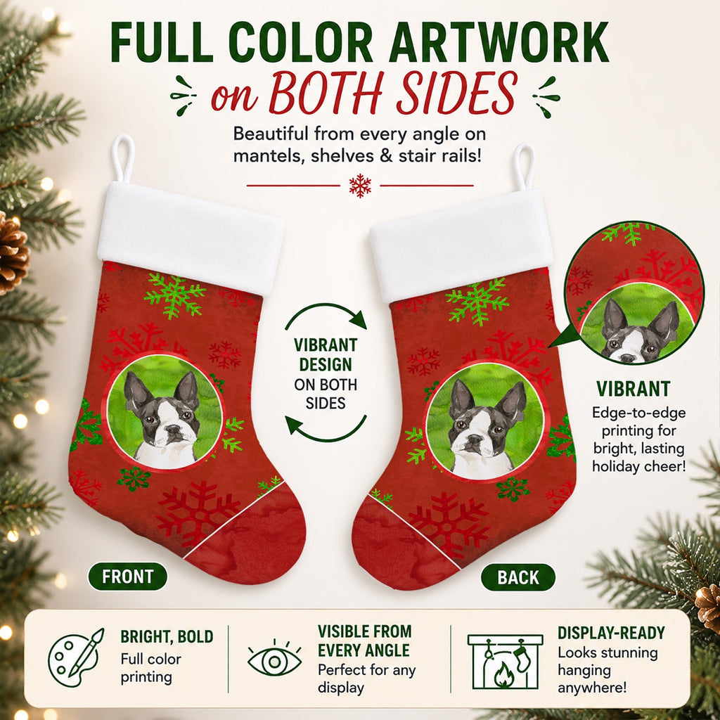 Christmas Snowflakes Boston Terrier Holiday Stocking Double-Sided Print, Polyester Suede,11x18, Made in USA