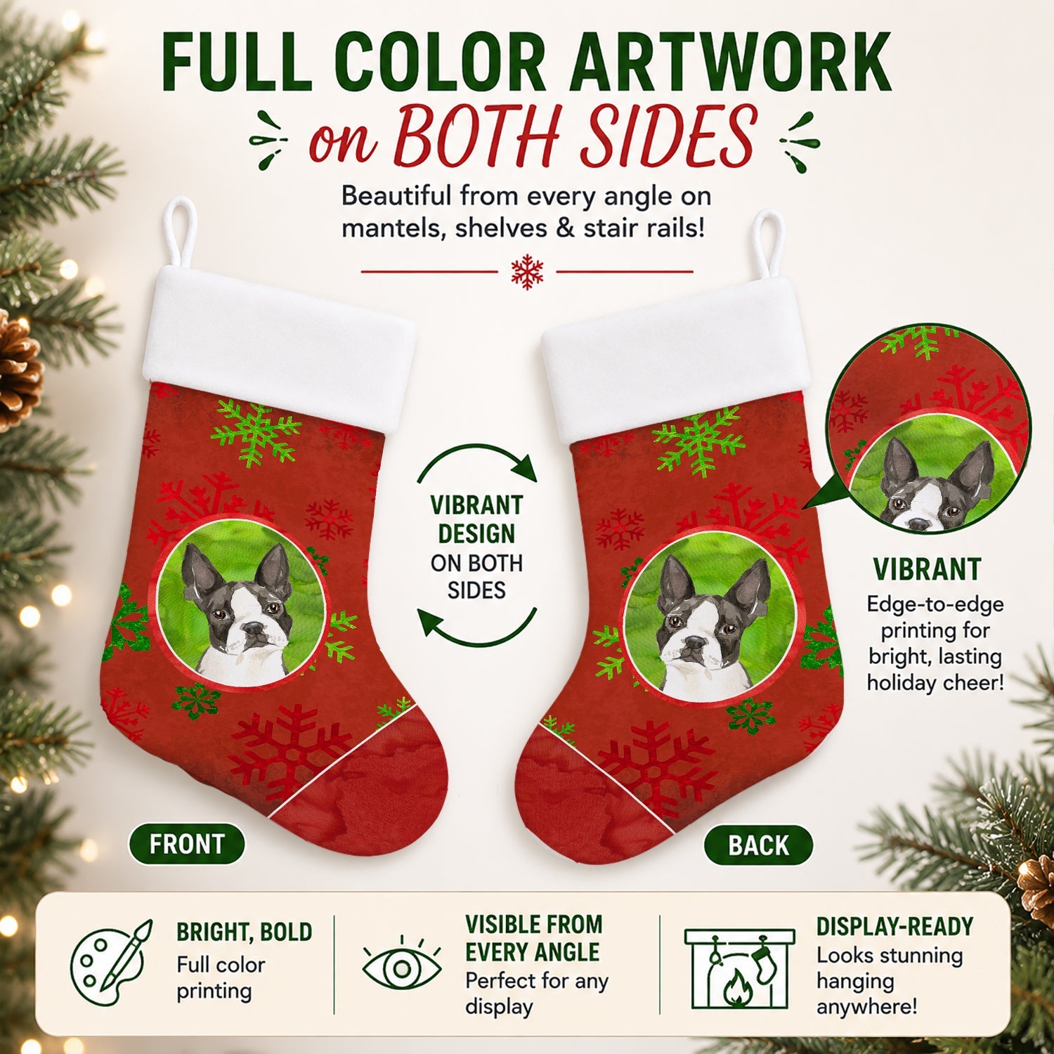 Christmas Snowflakes Boston Terrier Holiday Stocking Double-Sided Print, Polyester Suede,11x18, Made in USA
